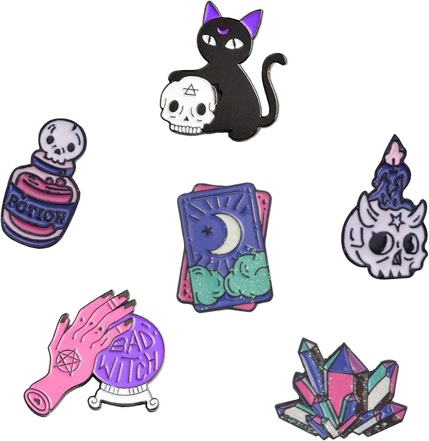 Cute Enamel Lapel Pins Sets Cartoon Animal Plant Fruits Foods Brooches Pin Badges for Clothing Bags Backpacks Jackets Hat DIY (Witch Skulls Halloween Set of 6)