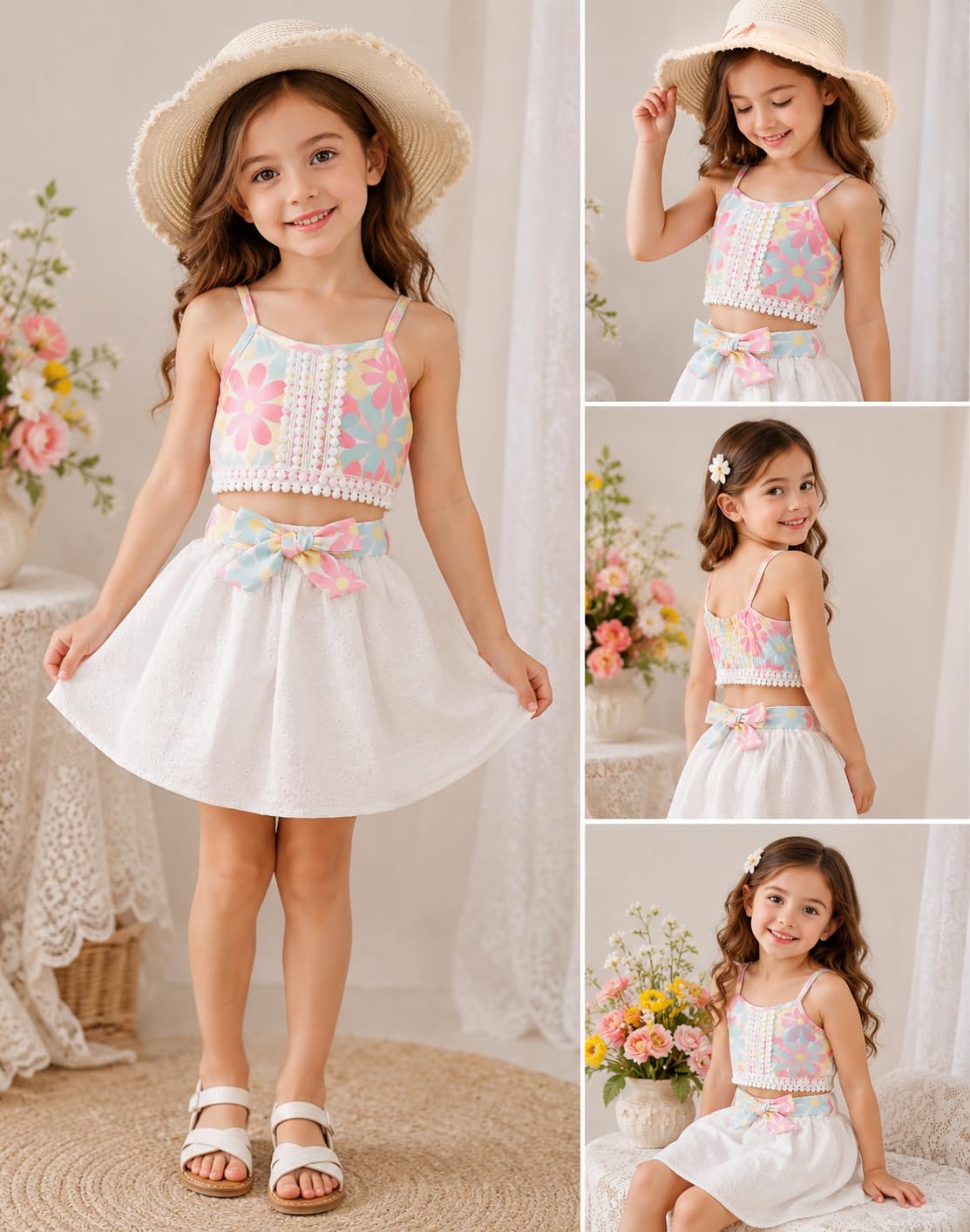 TAGAS TAGAS Girls Girls Floral Crop Top e gonna in pizzo bianco – Estate senza maniche 2 pezzi vestito con fiocco cintura – abito casual da festa per bambini