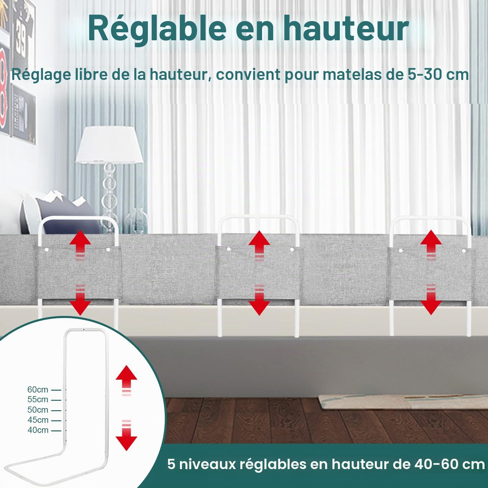 XMTECH Barrière de lit pour enfant - Protection des bords de lit - Réglable en hauteur - 40-60 cm - Protection anti-chute - Gris lin - 200 cm