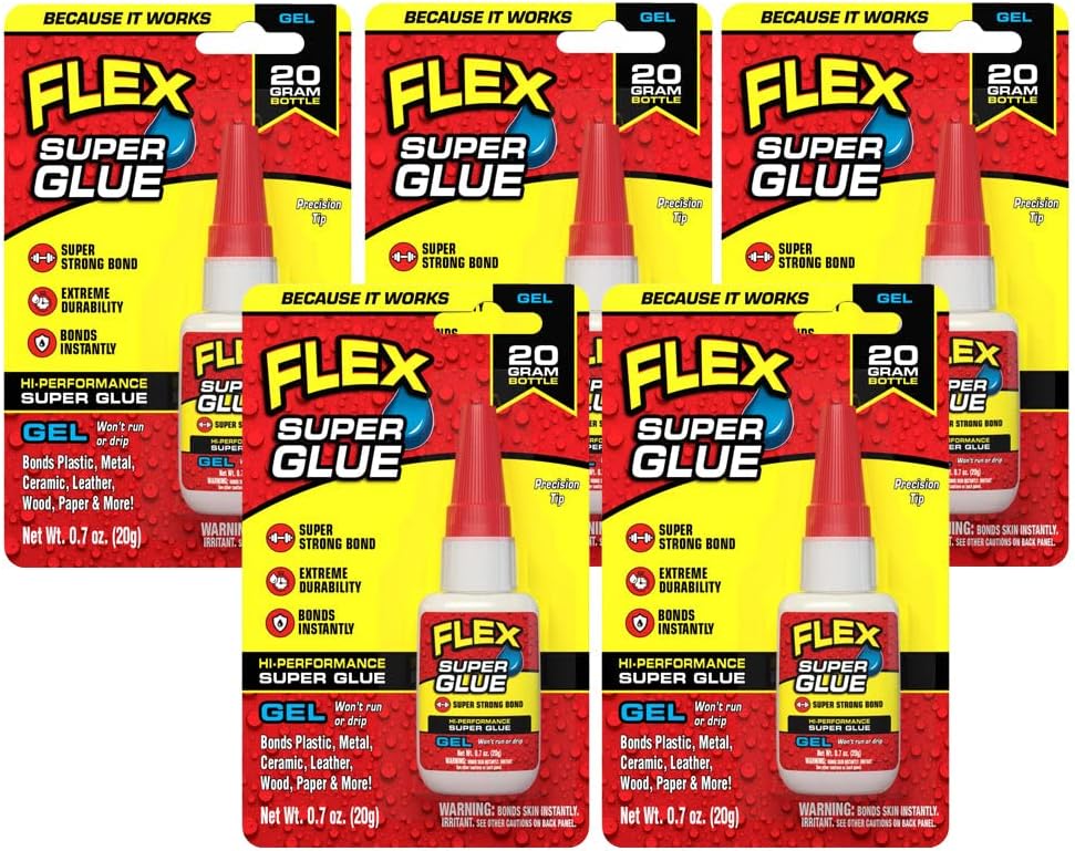 Flex Super Glue Gel, Clear, 20 Gram Bottle, (Pack of 5)