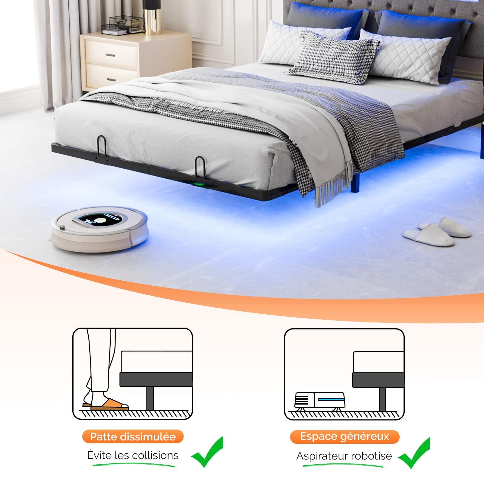 Bonnlo Lit 140 x 190 avec Sommier, Lit 2 Personnes Flottant avec Éclairage LED et Ports USB/Type-C, Tête de Lit Tapissée avec Rangement, Structure Stable en Métal, Tissu en Lin Gris