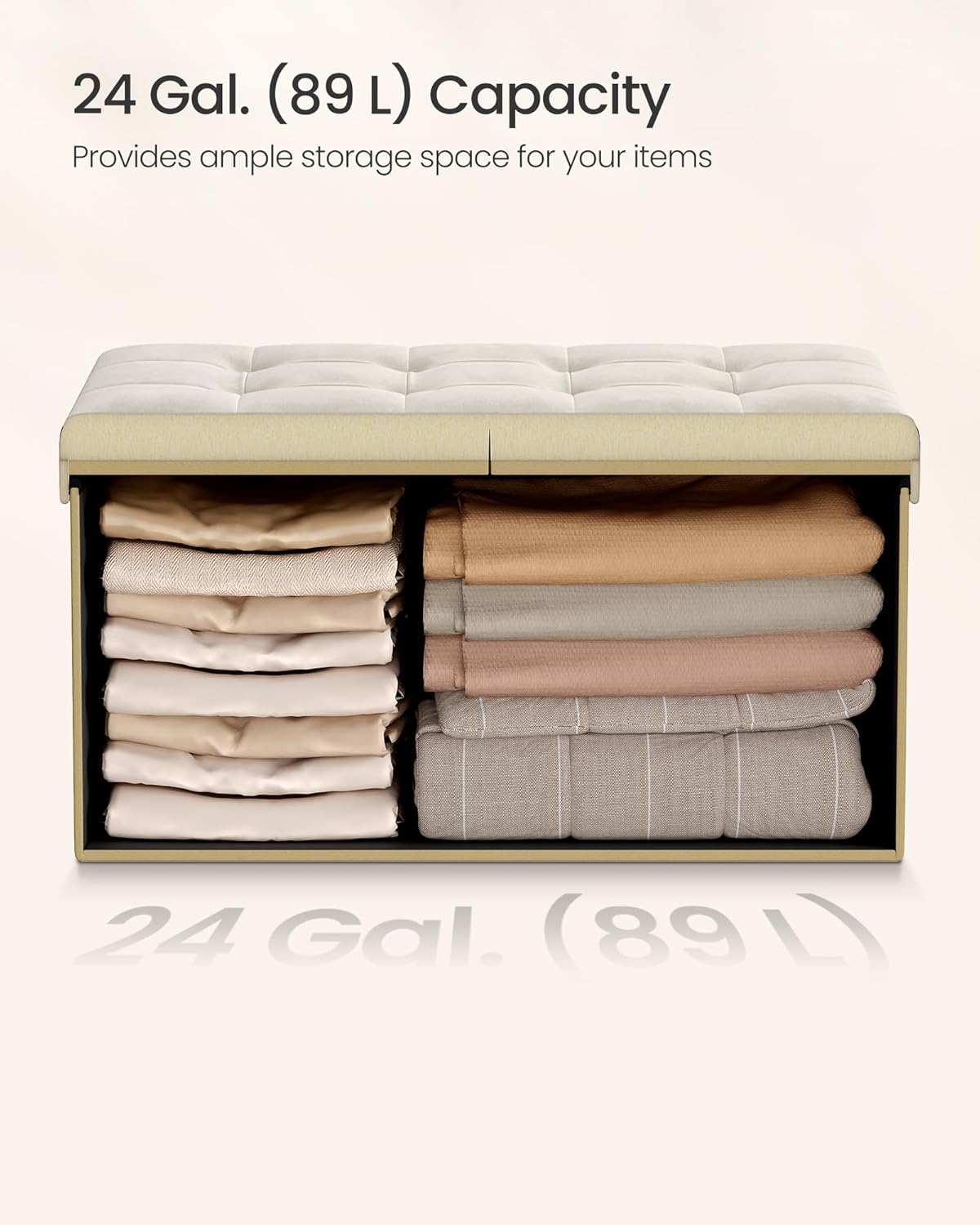 SONGMICS Mazie Collection - 30 Inches Storage Ottoman, Foldable Storage Bench with Flipping Lid, 660 lb Load Capacity, for Entryway, Living Room, Bedroom, Velvet Fabric, Cream White ULSF048LH01 - Image 6
