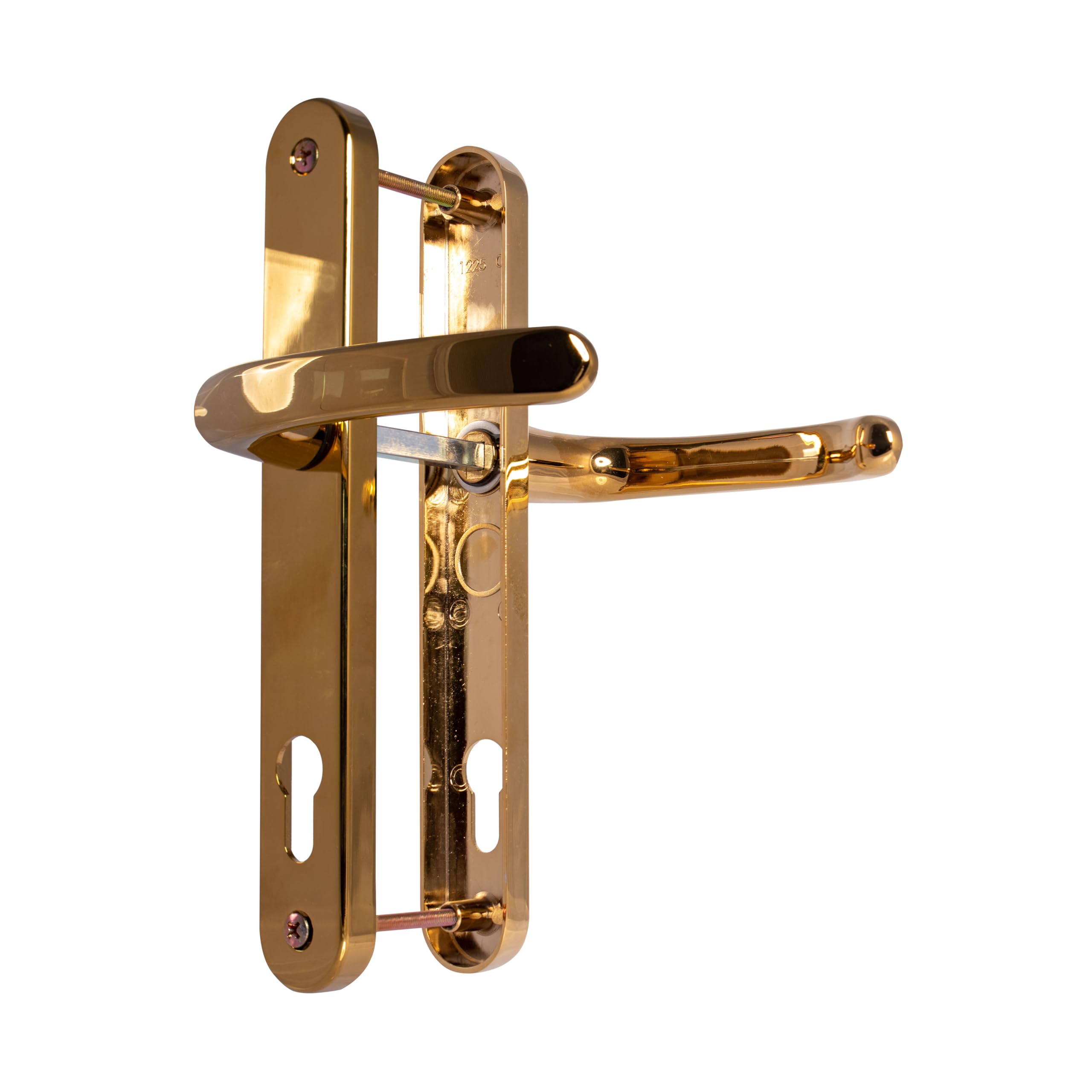 UPVC TSS Door Handle with Lever, PZ Centers, 210mm Backplate, 242x34 UPVC White (Polished Brass), 92mm