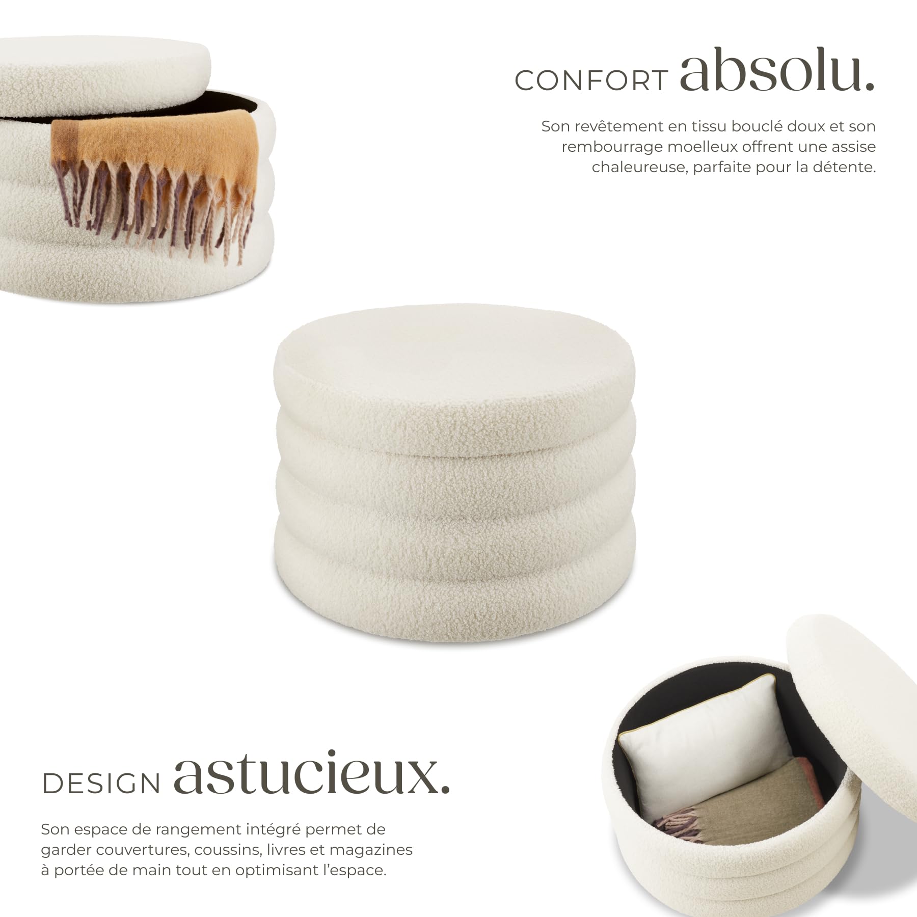 Lot De 2 Tabourets Pouf Avec Rangement - Tissu Bouclette Crème Design Scandinave