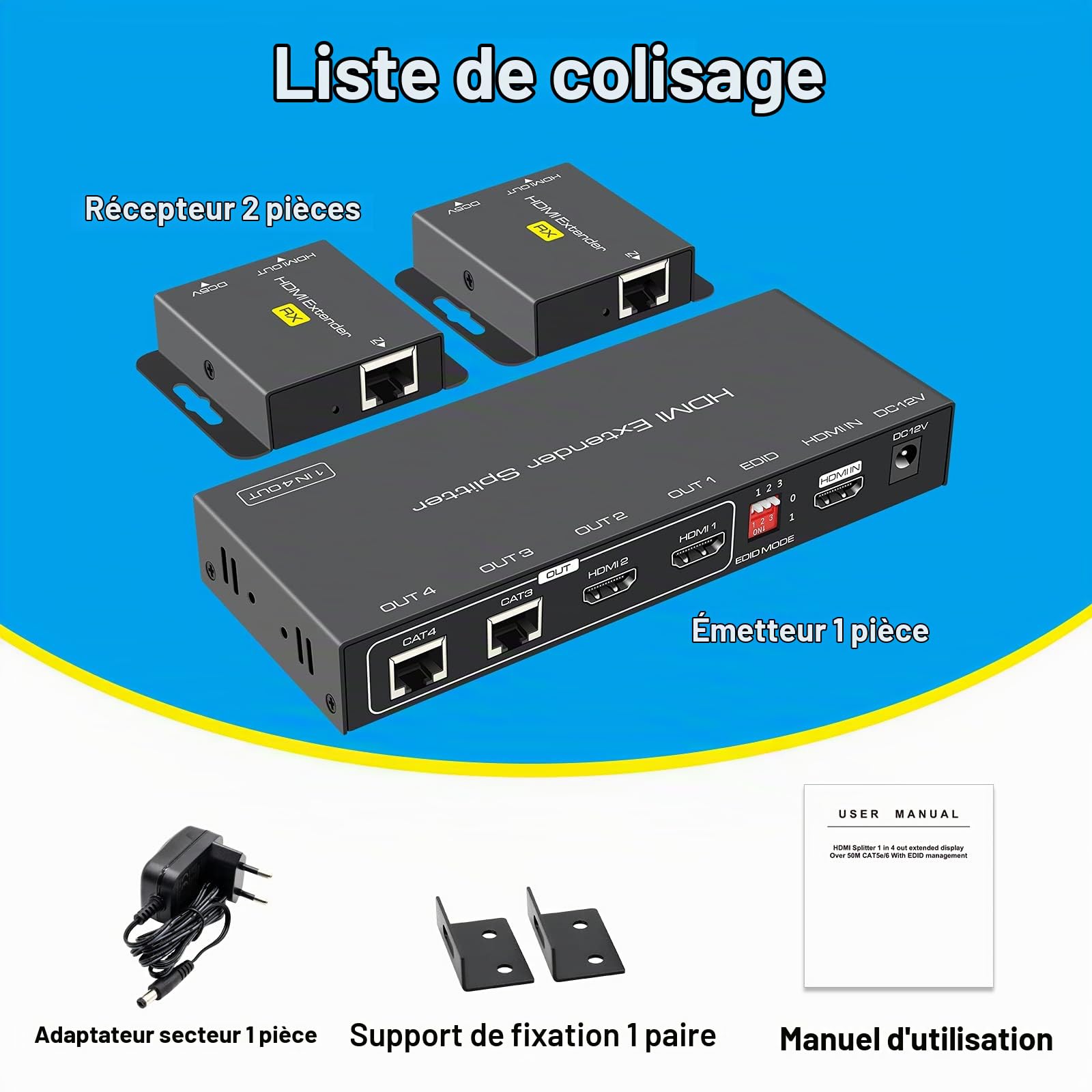 VPFET HDMI Extender Splitter via Cat5e 6 165ft 1 In 2 Out Transmission ajouter deux Loop HDMI Out Balun Ethernet Supporte 1080p HDCP EDID POC Une alimentation pour travailler avec