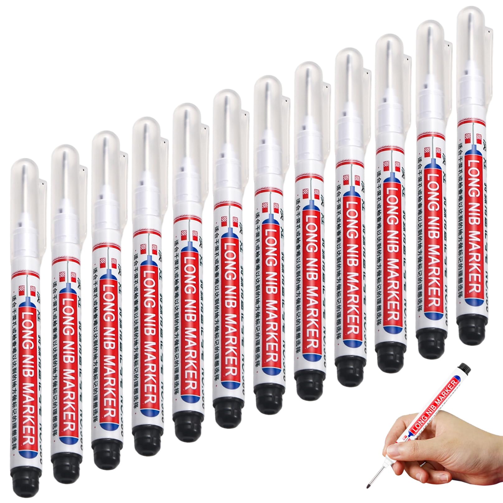 12Pcs Long Nib Marker, 20mm Long Nose Marker, Quick-Dry Waterproof Construction Pen for Welding Drill Woodworking, Black Nib