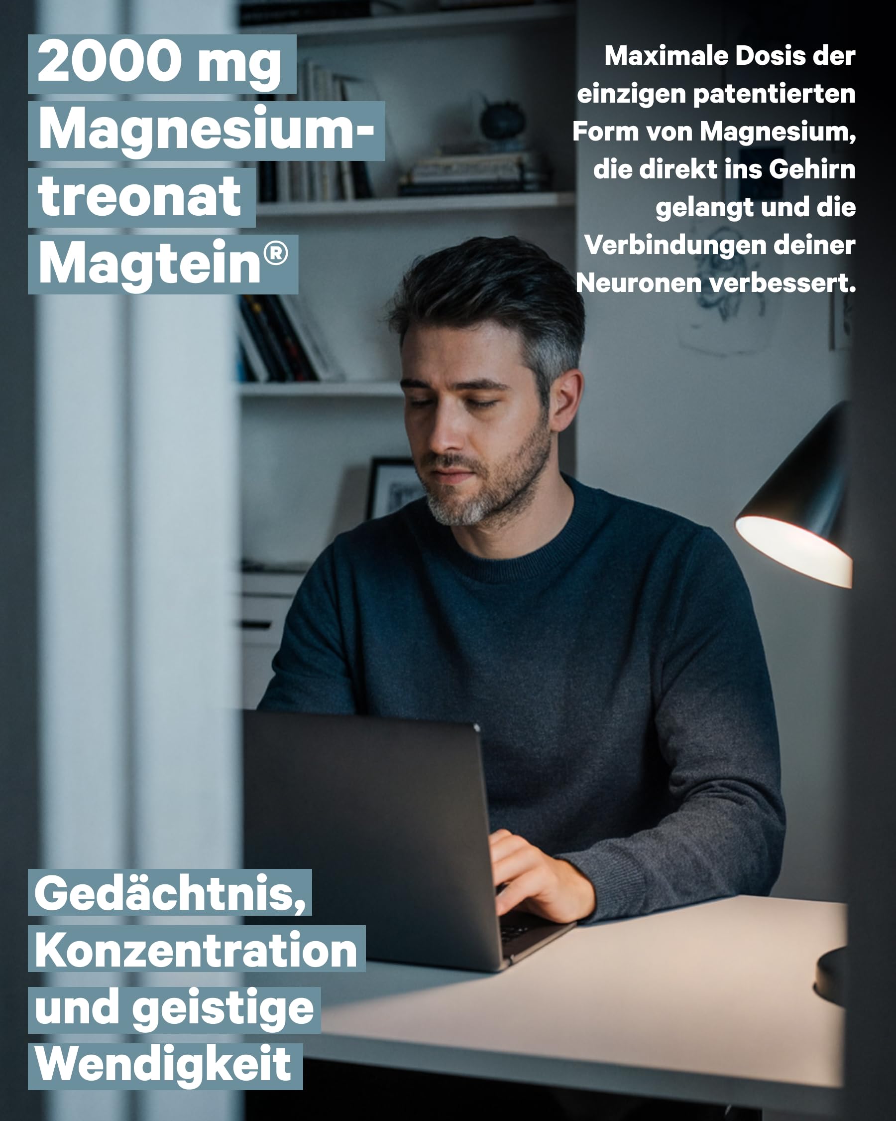 Magnesium L-Threonat mit Magtein® | Hochdosiert 2000 mg | Laborgeprüft | Maximale Aufnahme | 120 Kapseln | Gedächtnis, Fokus, Tiefschlaf