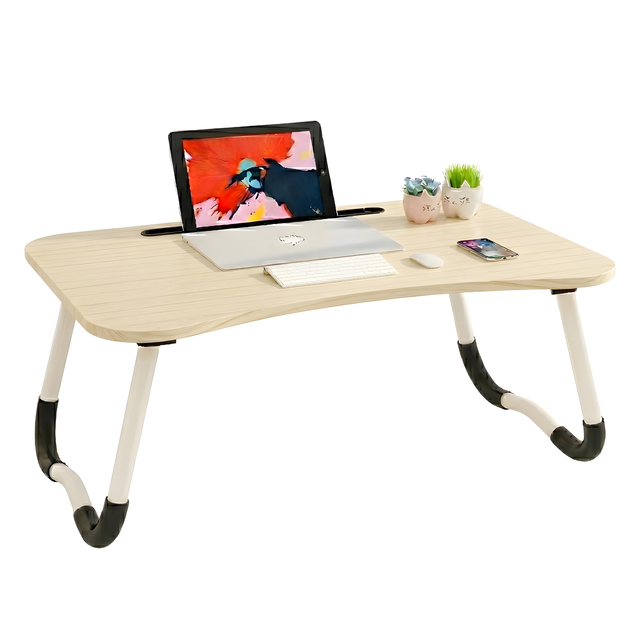 Tavolino da Colazione a Letto Pieghevole per PC Portatile, Vassoio da Divano in Legno con Supporto per Tablet e Smartphone, Scrivania Ergonomica Salvaspazio Lavoro Tavolo (-BETULLA) - 1