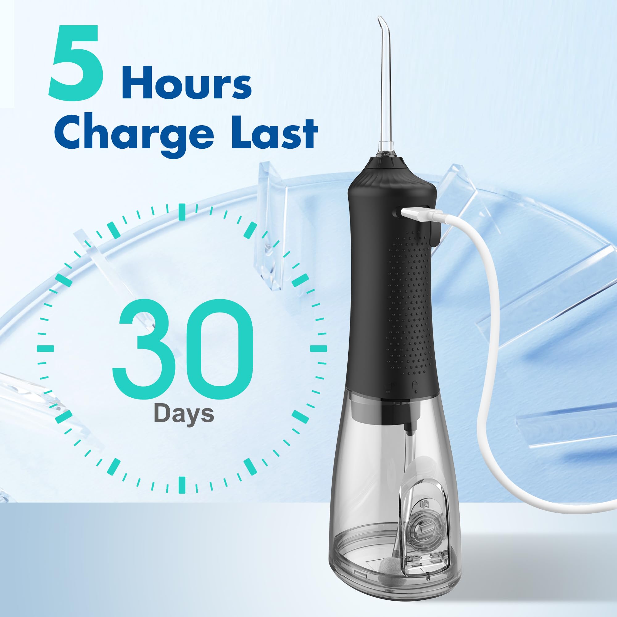 BarberBoss Kabellose Wasserflosser für Reisen & Zuhause, 5 Druckmodi, 6 Strahlspitzen, 300ml Tank, USB Wiederaufladbare Munddusche, IPX7 Wasserdicht, Zahnreiniger für Zahnspange & Zahnfleischpflege
