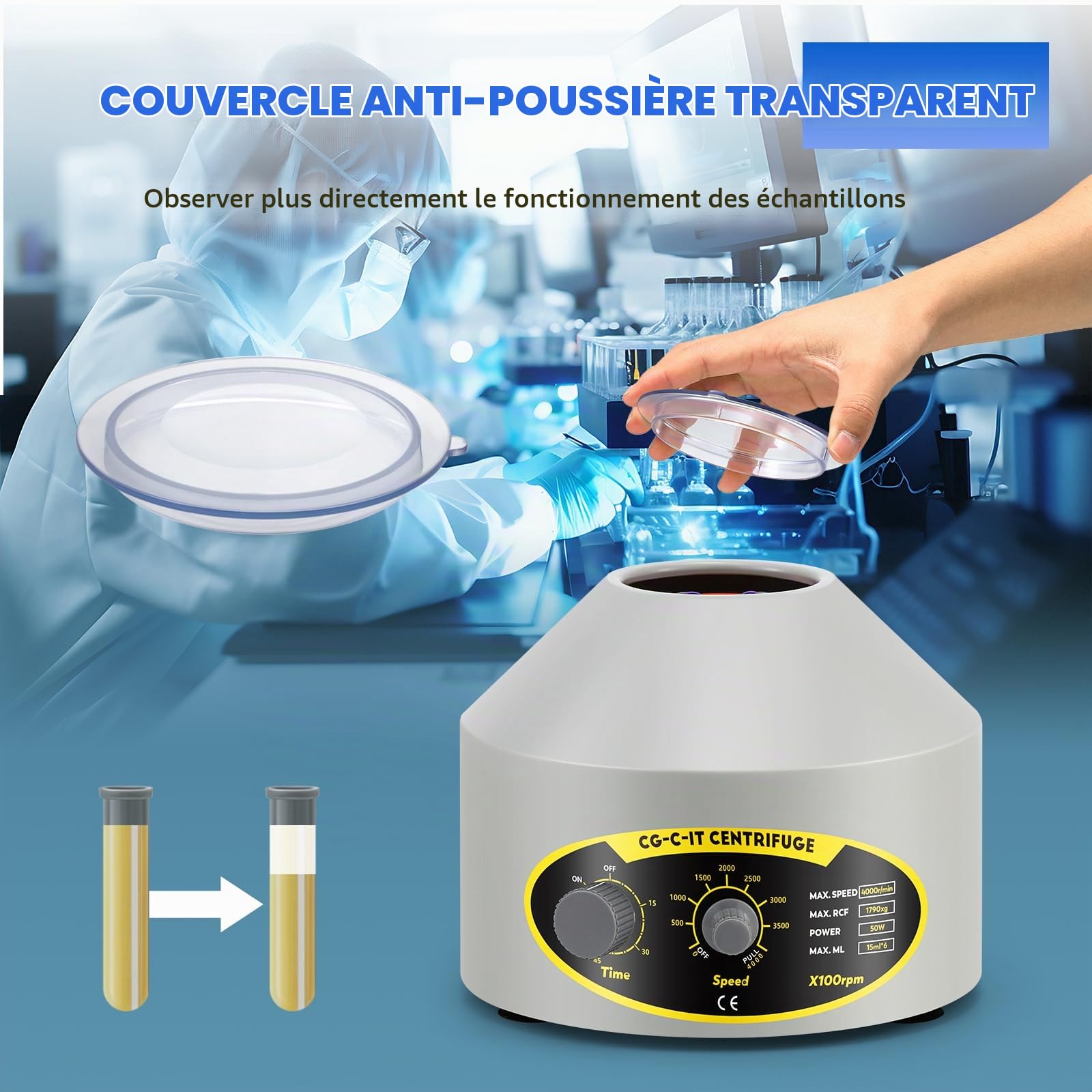 CGOLDENWALL Mini Centrifugeuse PRP PRF Laboratoire, 6x15ml, 4000rpm, 1790xg | Minuteur 60 Min, 2 Jeux de Adaptateurs, Faible Vibration, pour Tubes Vacutainer de 5/10 ml & Tubes à Centrifuger de 10/15 ml