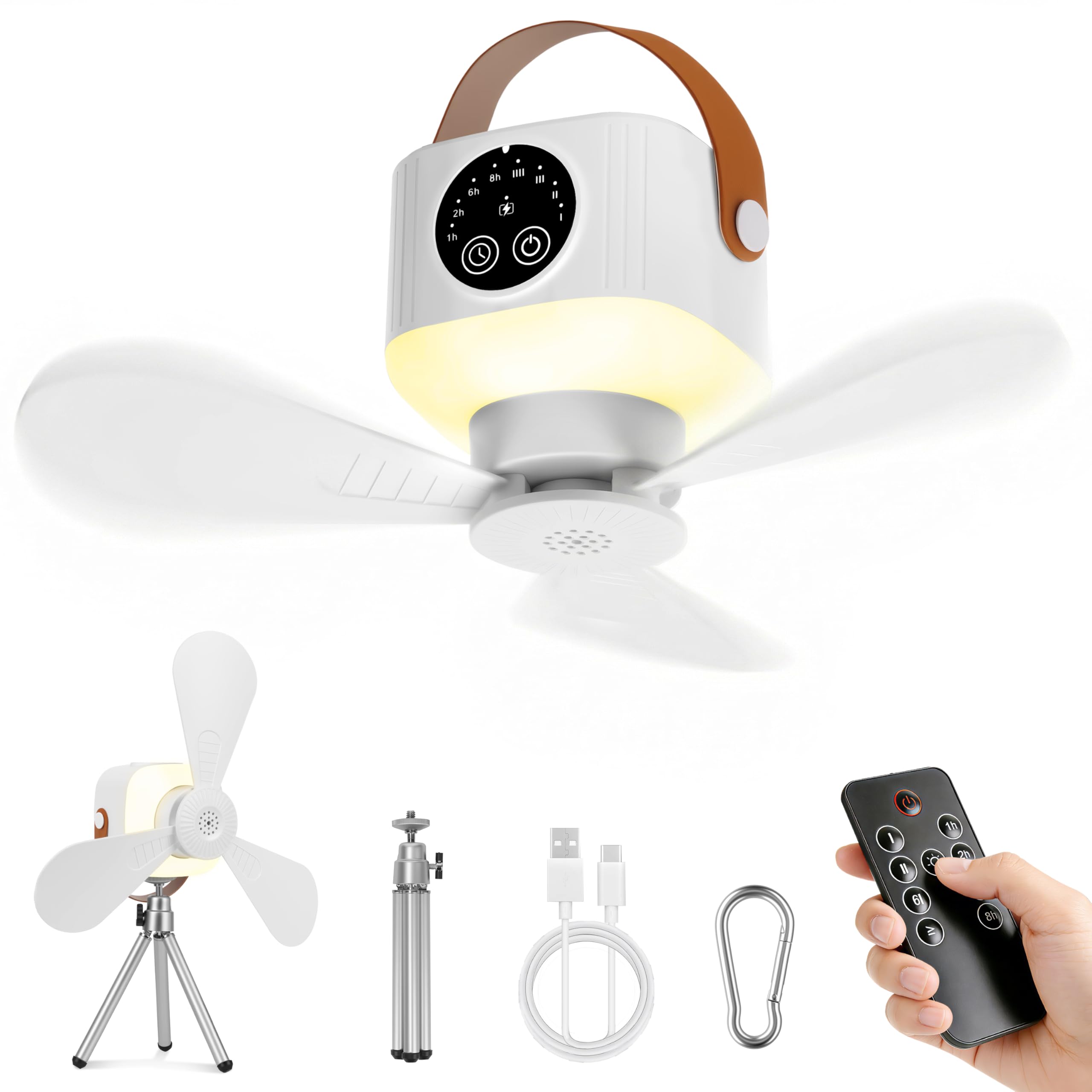 IEEILULU 8000 mAh Ventilateur Plafond Avec Lumiere, L'intérieur Et L'extérieur 35dB Silencieux Ventilateur Portable Rechargeable, Camping 3 in 1 Tischventilator, Ventilateurs De Plafond Et Portable