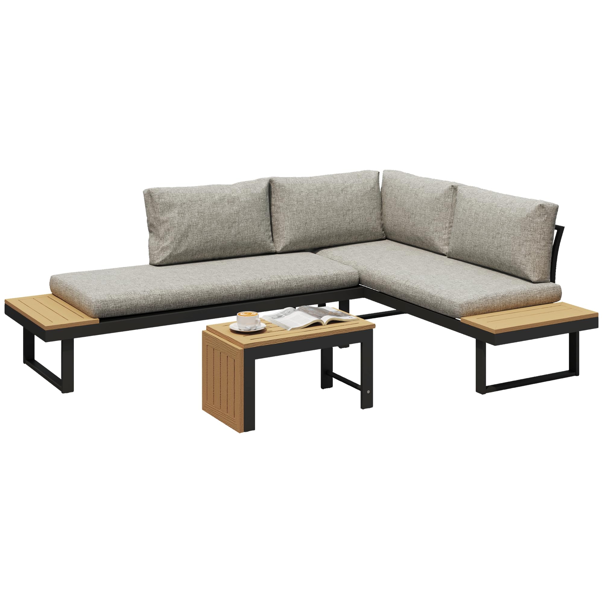 Outsunny Conjunto de Jardín Exterior de 3 Piezas Gris Claro | Sofá Exterior Seccional Resistente con Estructura de Aluminio, 2 Sofás de 2 Plazas, Mesa de Centro Versátil, Cojines