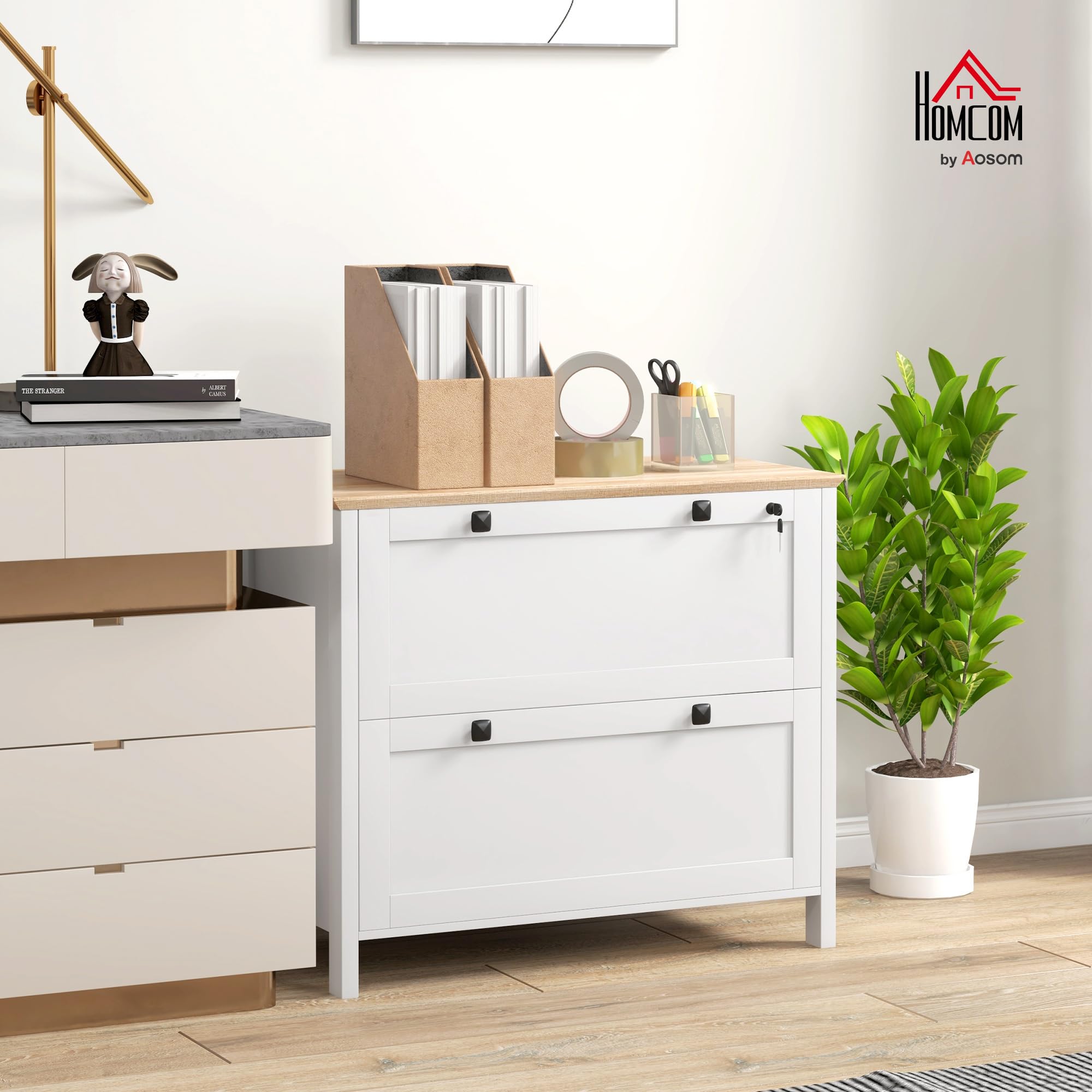 HOMCOM Cajonera de Oficina Mueble Archivador con 2 Cajones 2 Barras para Colgar 2 Llaves y Cerradura para Papel Tamaño A4 para Estudio Sala de Estar 79x40x72 cm Roble y Blanco