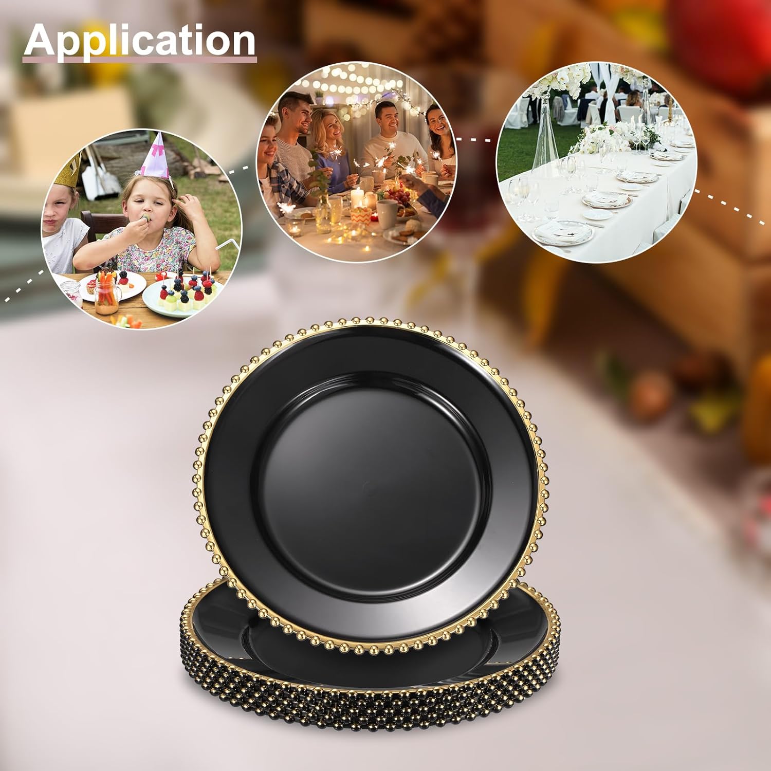 uxcell 12pcs Clear Charger Plates Bulk, 13" Plastic Round Charger Plates with Bead Trim Dinner Dessert Plate for Wedding Party Event Table Setting Decoration, Light Gold On Black