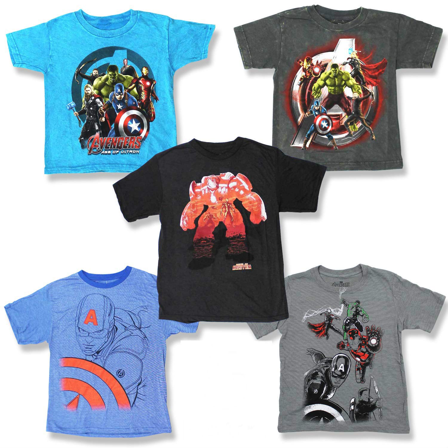 Marvel Comics Boys Kids 5 Pack T-Shirt Bundle Super Heroes Avengers Captain America Iron Man Thor Hulk (Small (6/7))