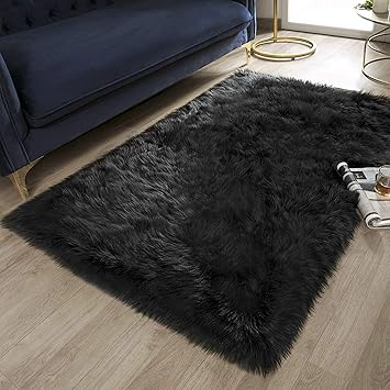 YAZLYN COLLECTION Super Soft Faux Sheepskin Fur, Rabbit Skin Fur, Area Rugs, Carpet for Living Room, Bedroom, Office Area, for Kids Room (Black, 2X5 Feet)