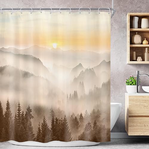 Miniatura 47 de Riyidecor Cortina de ducha de montaña verde rústica para baño, paisaje de bosque, paisaje, tela impermeable, paisaje alpino, decoración de baño