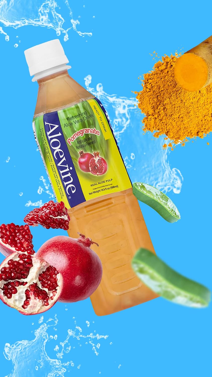 Aloevine Aloe Vera Drink Pomegranate – Drink Aloe Juice with Real Aloe Chunks | Healthy Plant-Based Korean Beverage | Aloe Vera Juice | 16.9 oz Bottles (20 Pack)