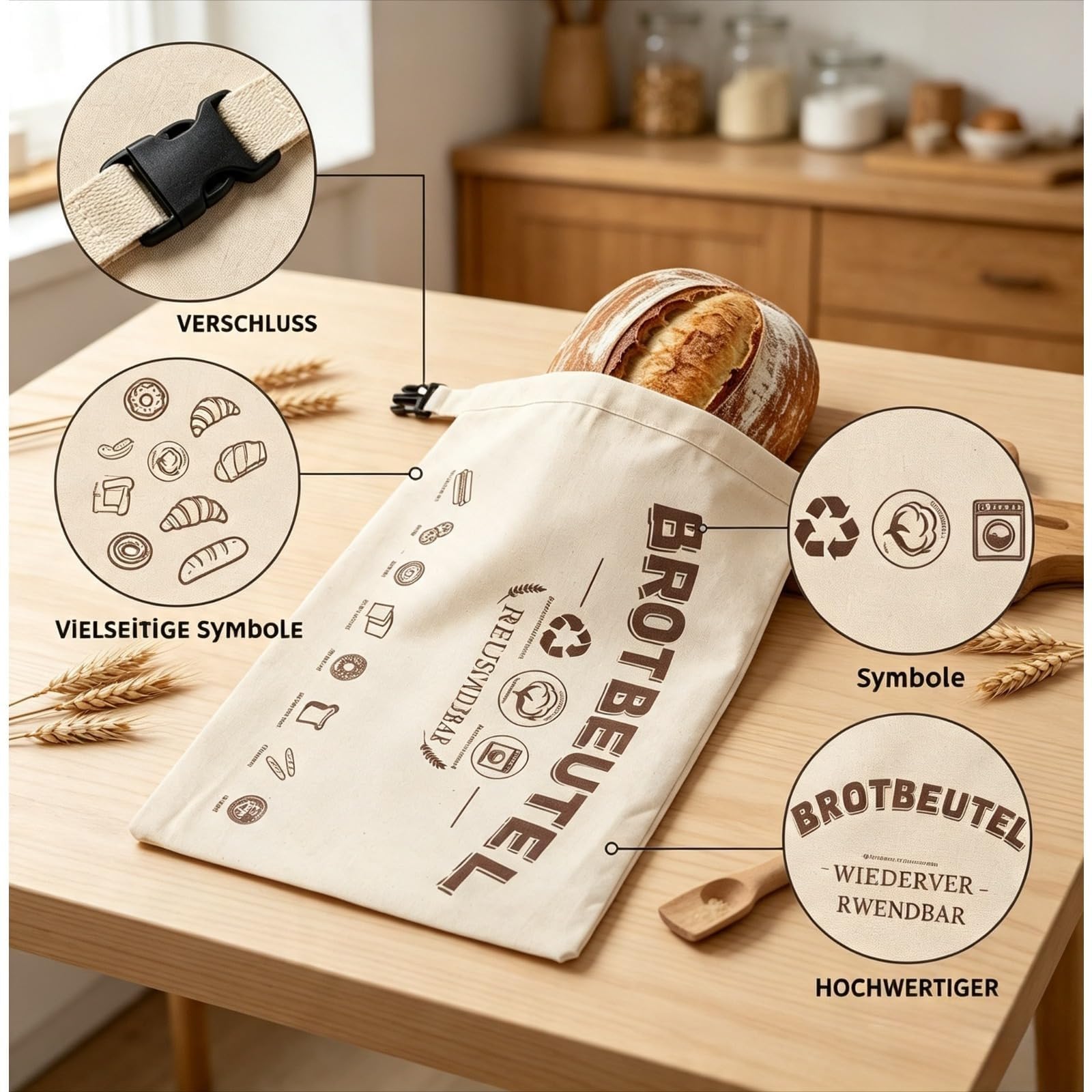 Bienenwachsbeutel, Wiederverwendbare Brotbeutel Aus Baumwolle, Zur Frischhaltung Von Brot Und Backwaren (Weiß,2pcs)