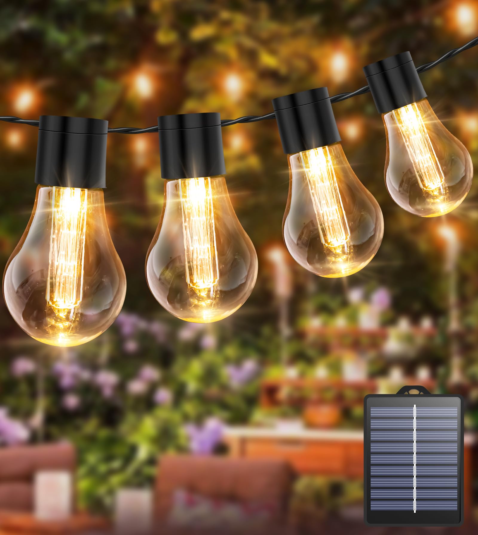 AMZINPRO Solar String Lights Outdoor,10M/40FT Edsion Solar Festoon Lights with 16 Shatterproof Bulbs,8 Modes & 4 Brightness & Timer & Memory, IP65 Waterproof Garden Lights for Gazebo Patio Festival