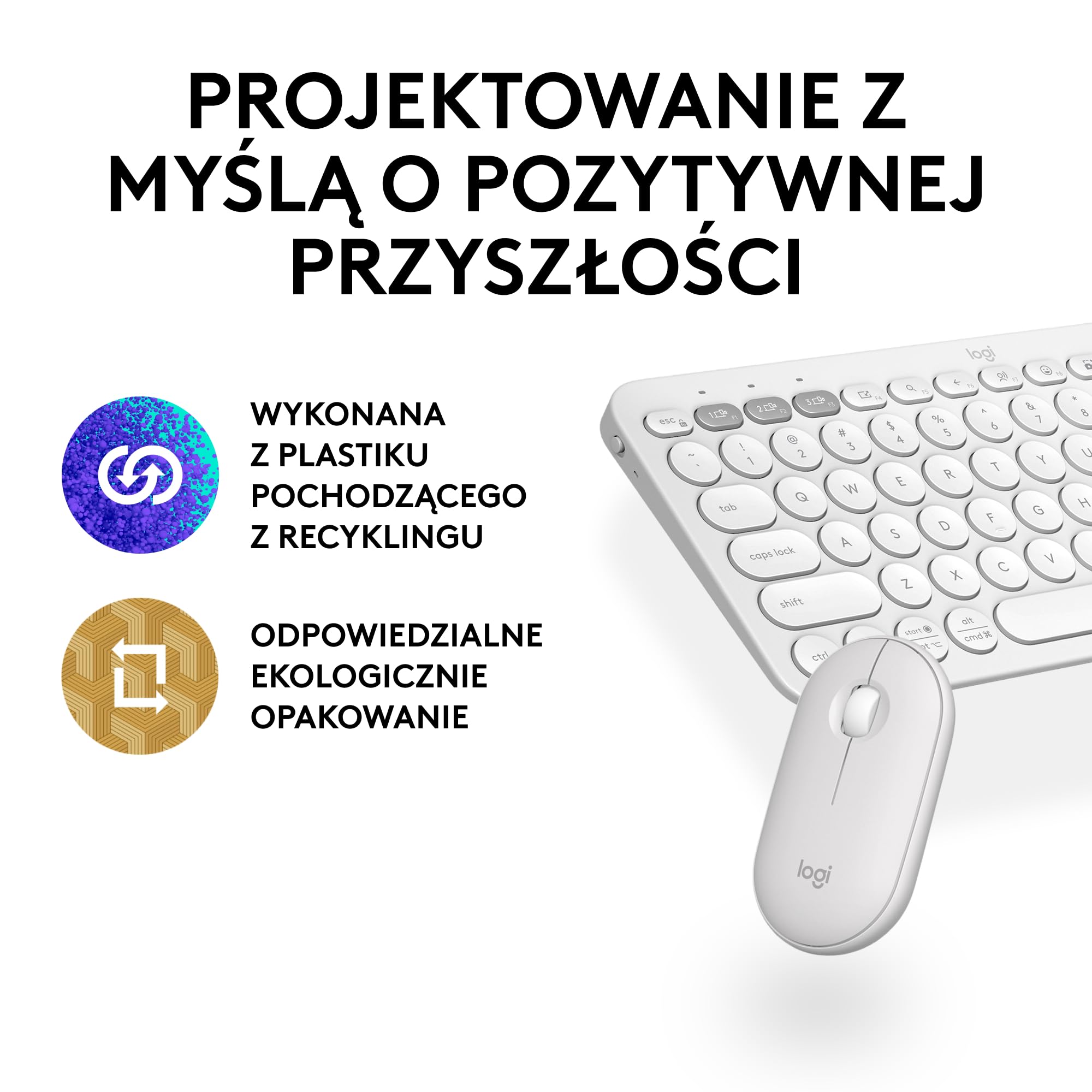Logitech Pebble 2 Combo, Bezprzewodowa klawiatura i mysz, cicha i przenośna, personalizowana, Logi Bolt, Bluetooth, Easy-Switch dla Windows, macOS, iPadOS, Chrome,QWERTY układ US international, Biały