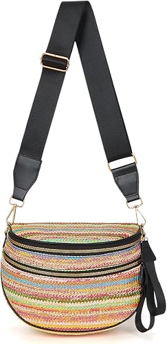 YESFIXS Straw Crossbody Bag Bum Bag for Women Summer Rainbow Striped Waist Bag L