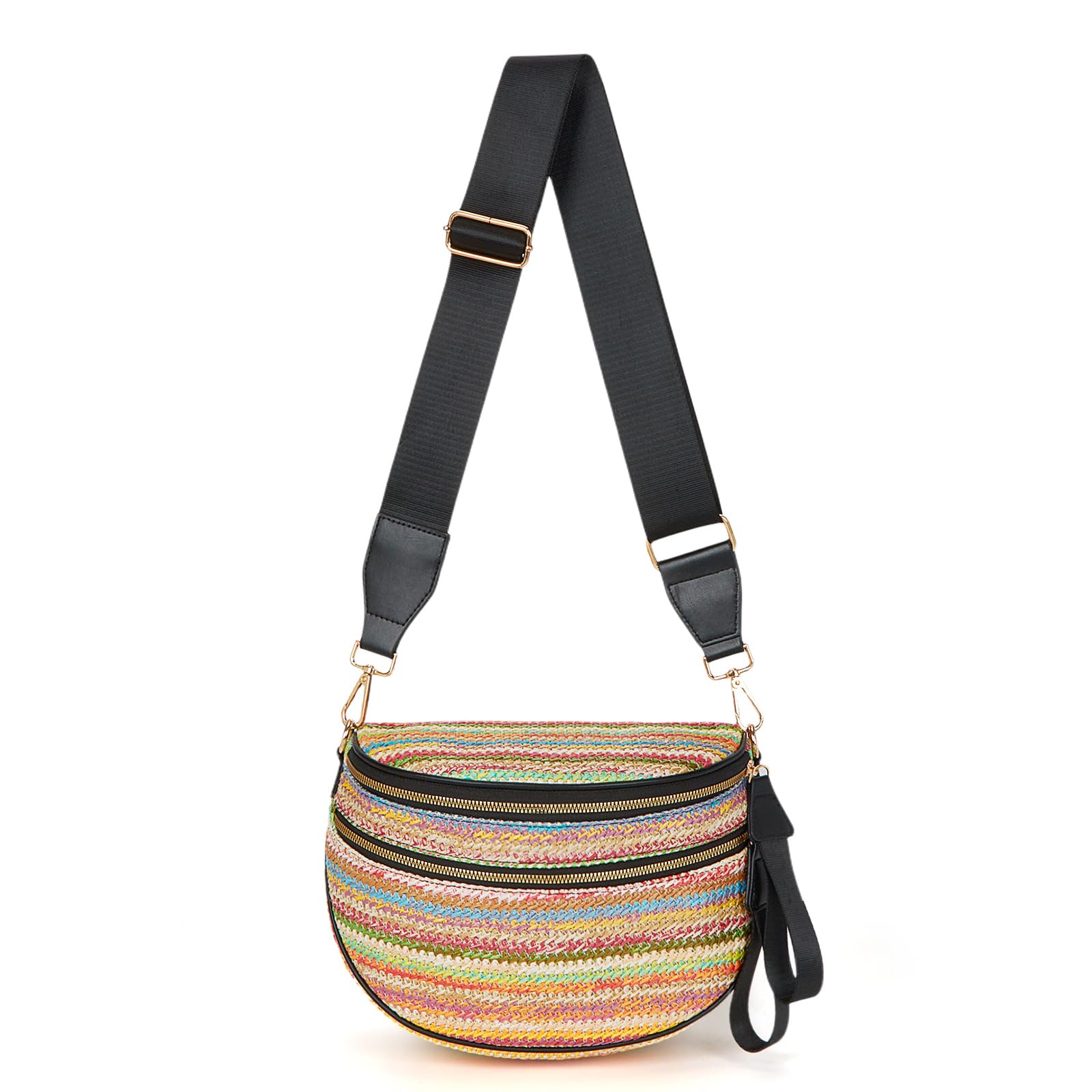 YESFIXS Straw Crossbody Bag Bum Bag for Women Summer Rainbow Striped Waist Bag Lightweight Woven Fanny Pack