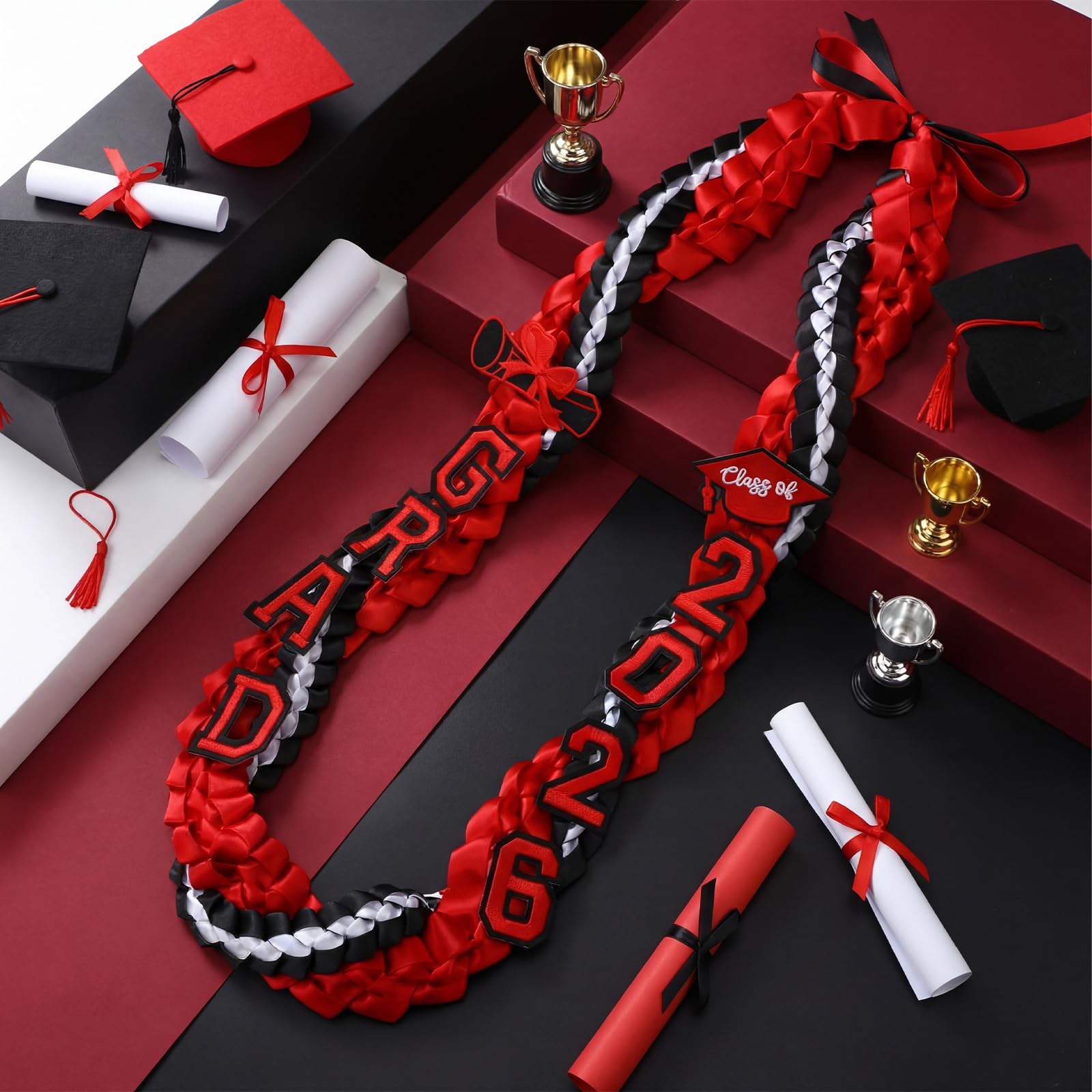 Photo 1 of Suncalla 11 Pcs 2026 Graduation Leis Set Graduation Leis Class of 2026, Grade Braided Cords with Letters Card Patches Ribbon Lei Graduate Gift for High School Master College Grad Party(Black Red)