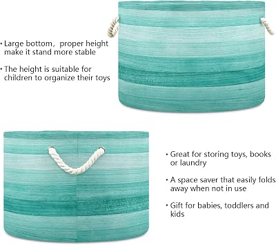 Bolaz Large Storage Basket Teal Turquoise Green Wood Toy Storage Box Organizer Bins with Handles Laundry Hamper Basket for Home Decor