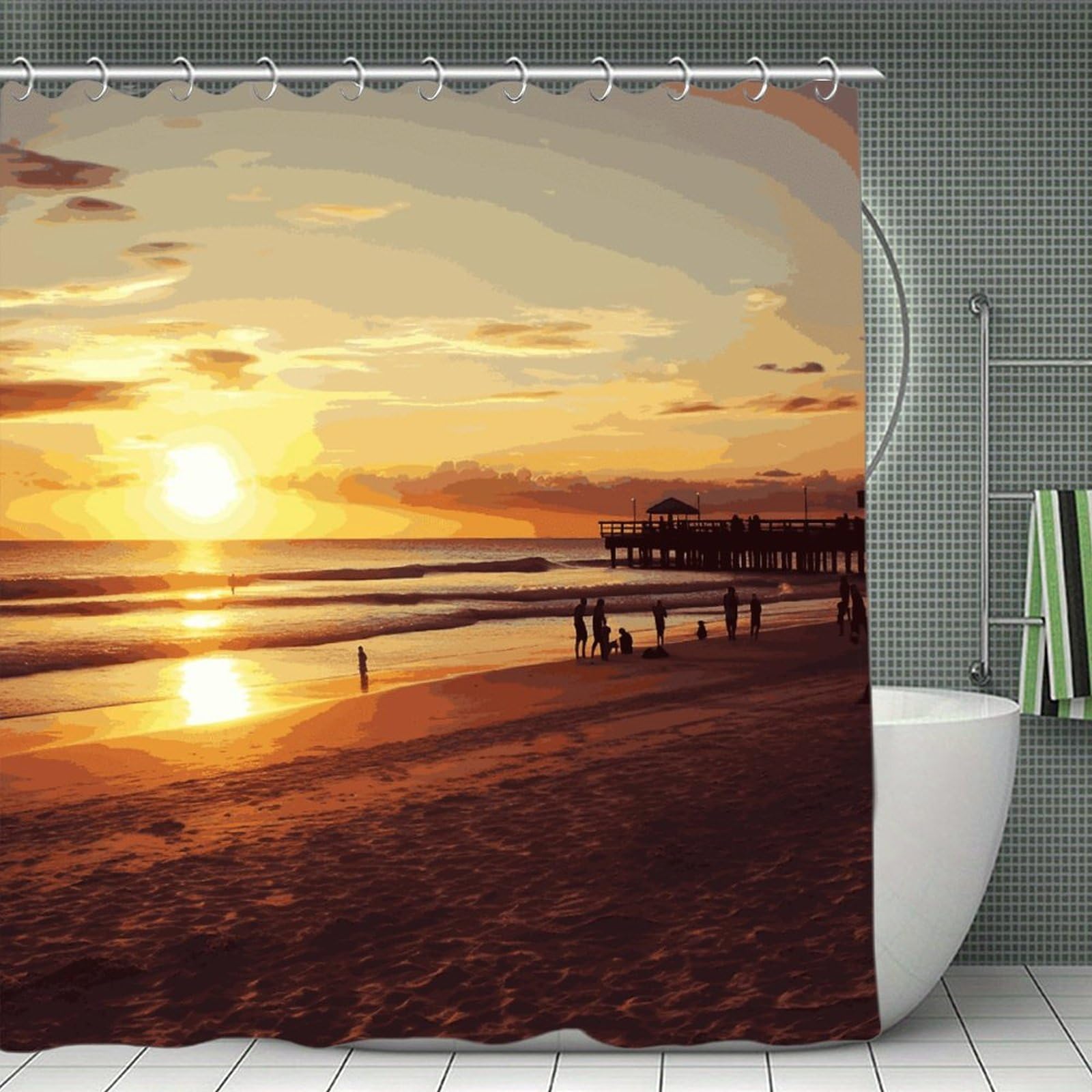 FekiLoot Sunset Beach Shower Curtain Minimalist Thick Bathroom Curtain Washable Modern Bathroom Shower Curtain Heavy Duty Waterproof Cloth Bath Curtain with Hooks 70.8"x70.8"