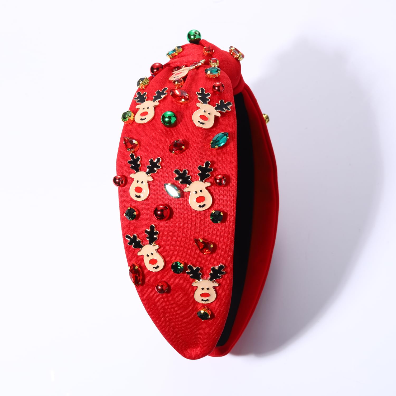NVENF Christmas Headband for Women Jeweled Xmas Plaid Headband Embellished Crystal Pearl Knotted Headbands Wide Top Knot Holiday Hairband Christmas Hair Accessories Holiday Outfits Gifts (Reindeer 2) - Image 6