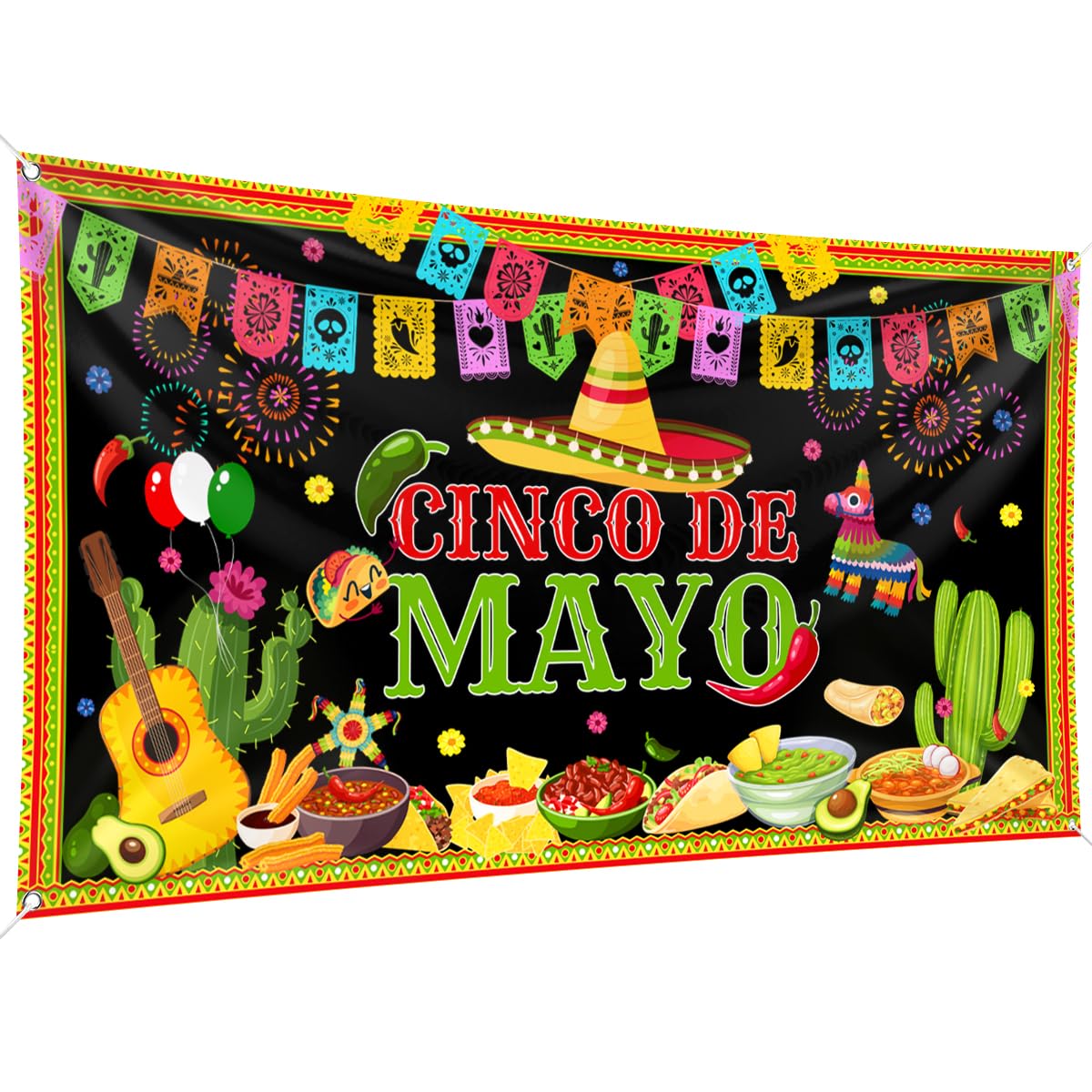 Cinco de Mayo Banner, Large Fabric Mexican Backdrop Decorations, Sign Photo Booth Backdrop Background for Party Supplies, 78 x 43INCH