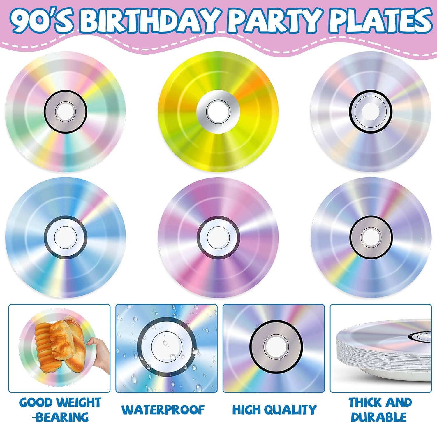 60Pcs 90's Party Paper Plates for Music Party Decorations 7In Retro CD Music Theme Dessert Plates Disposable Tableware Dinnerware Set for 1990s 2000s Throwback Birthday Baby Shower Party Supplies