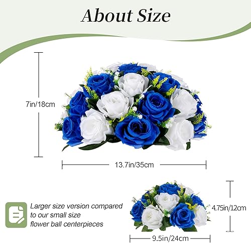 Miniatura 2 de BLOSMON Centros de mesa de bola de flores falsas, 6 piezas de flores artificiales de 13.7 pulgadas, grandes, color azul real y blanco, arreglo de