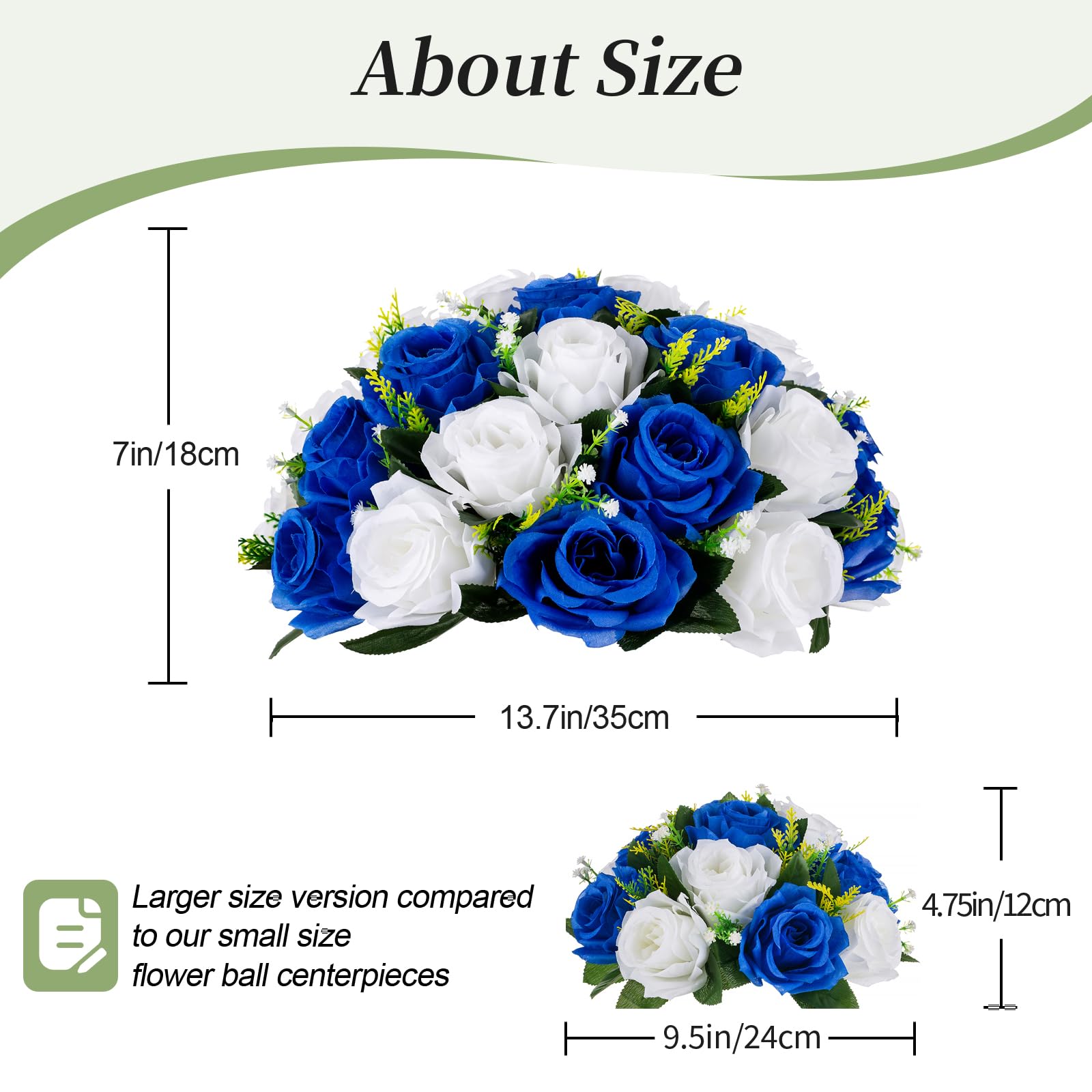 BLOSMON Fake Flower Ball Table Centerpieces 2 Pcs Artificial Flowers 13.7" Large Royal Blue&White Rose Kissing Ball Arrangement Center Pieces for Tables Faux Silk Floral for Wedding Party Home Decor