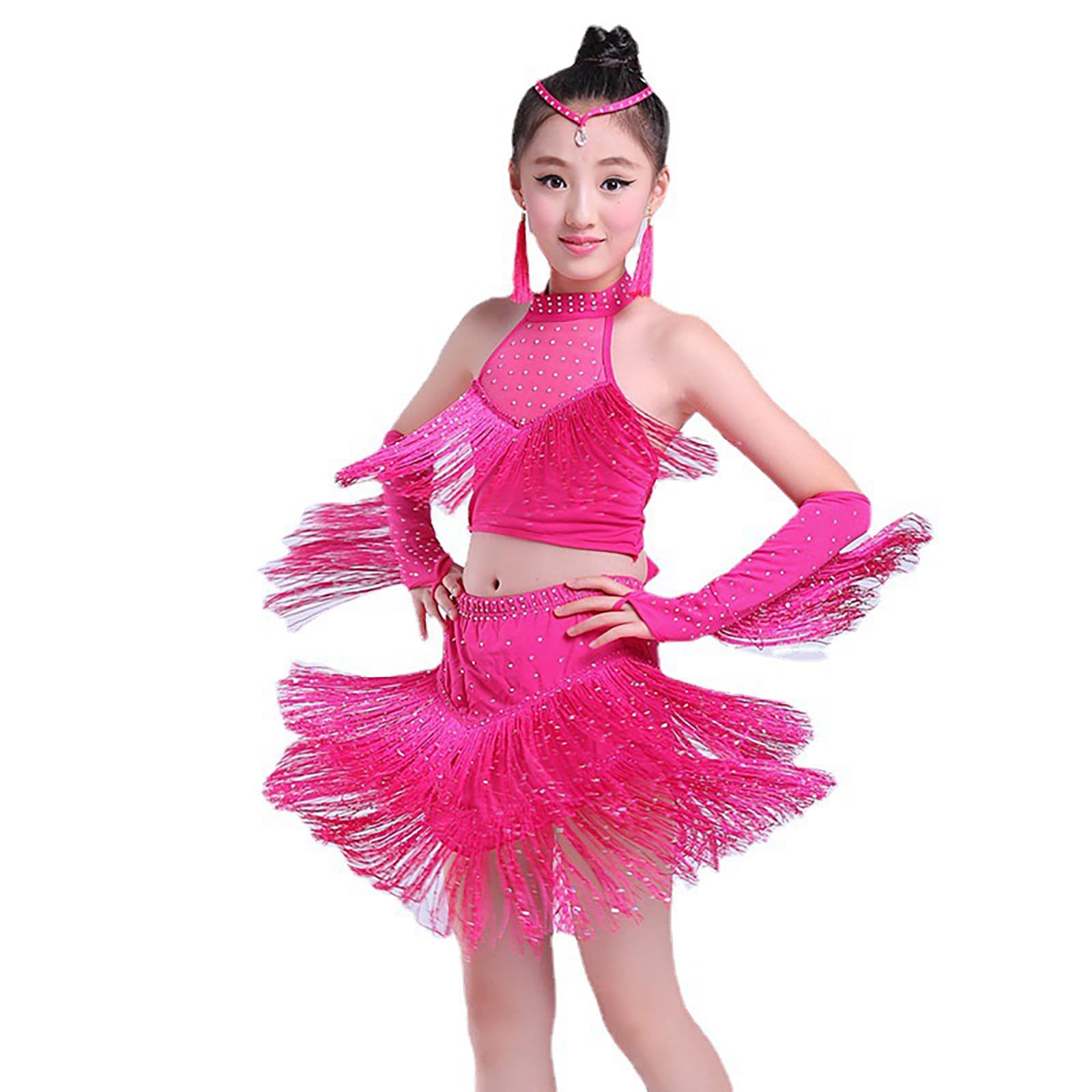 Generico Vestito Latino Americano Bambina Vestiti da Ballo Abito Latino Americano Bambina Abiti da Sala Tango Rumba Samba con Frange Ragazze Carnevale Costume di Danza per 3-12 Anni