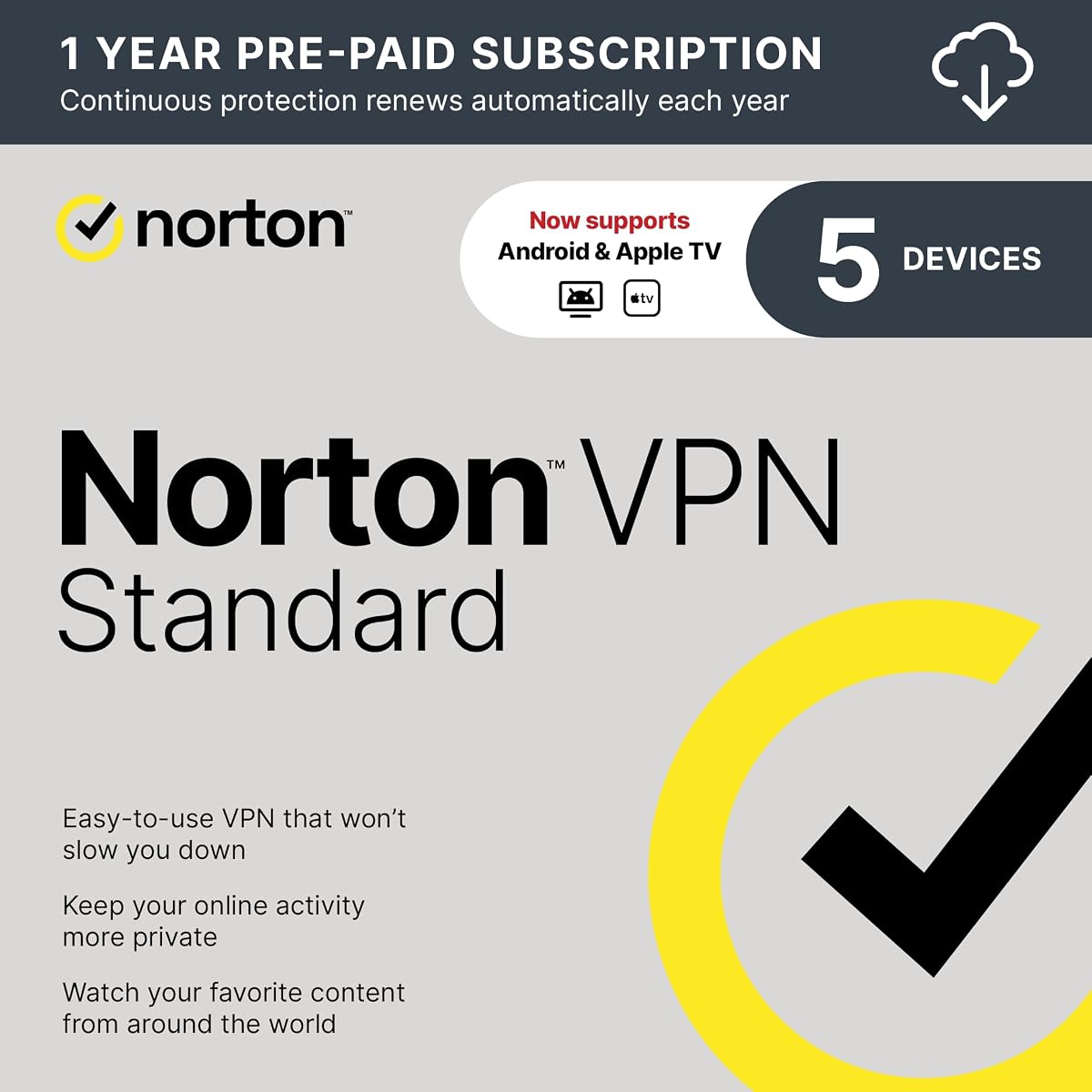 Norton VPN Standard para hasta 5 dispositivos. Mantenga su actividad en línea más privada con una VPN rápida y confiable (Descargar)
