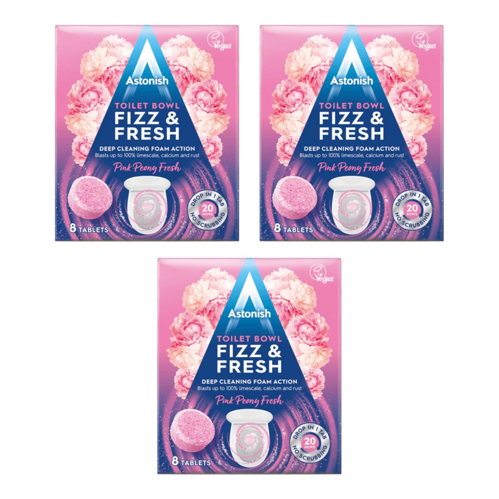Astonish Fizz & Fresh Toilet Bowl Tablets, Pink Peony Fresh, Special Aromatic Edition, Deep Cleaning Foam Action Tabs, 3 x 8 Tablets