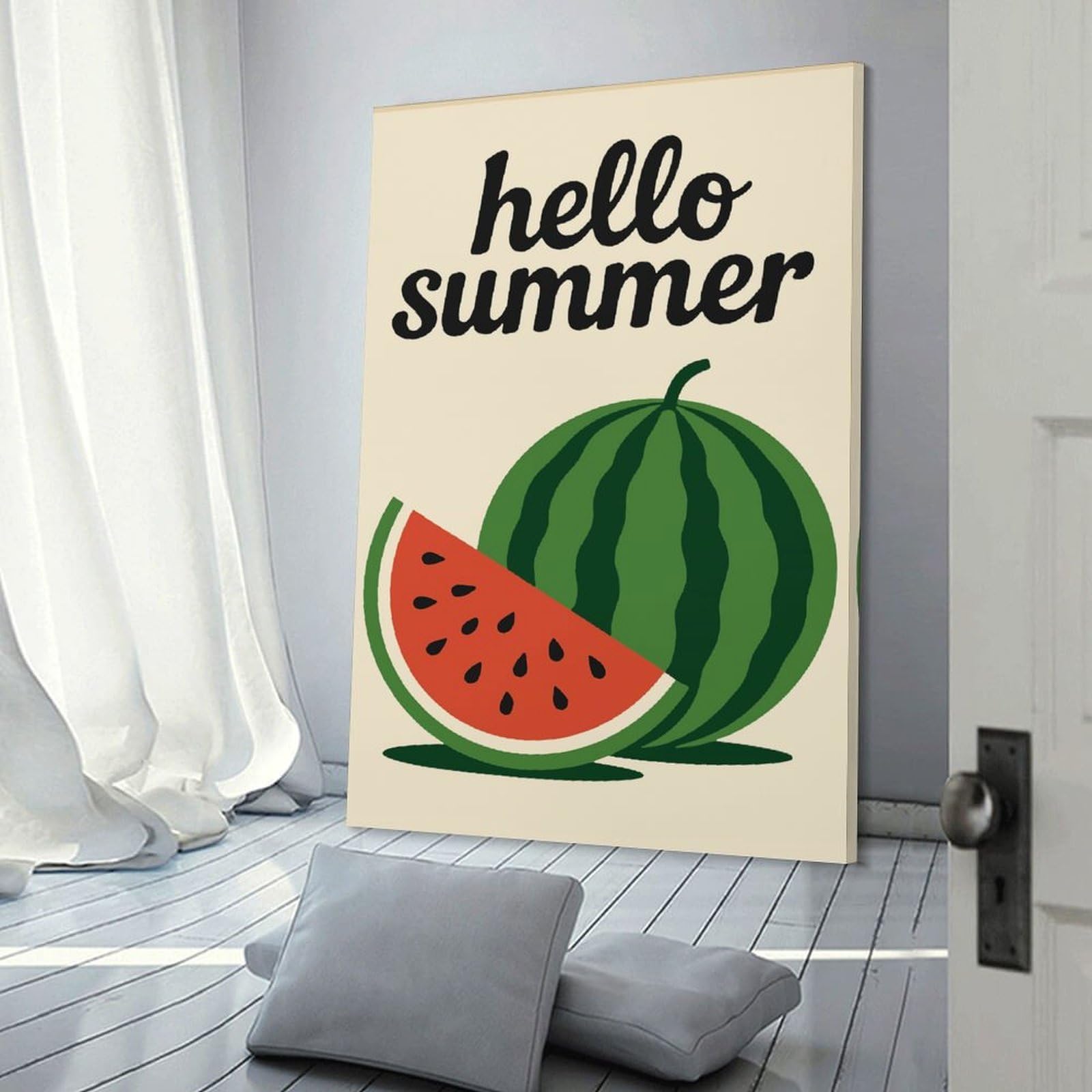 Junmoney Hello Summer Watermelon Illustration Decorative Canvas Print 24x36inch(60x90cm), for Gallery Wall Layouts in Home Or Office, Home Wall Art for Statement Displays