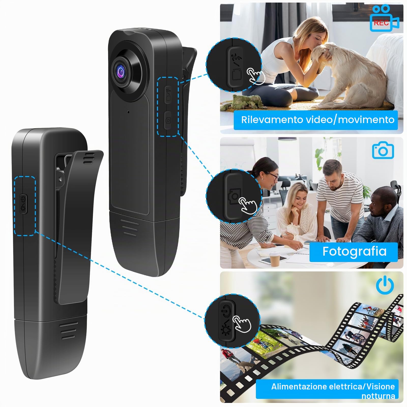 Bodycam HD 1080P , Piccola Telecamera Spia , Bodycam con Audio e Video Mini Fotocamera per il Corpo con Visione Notturna e Rilevamento del Movimento Per Sicurezza, Guardia ( con Memoria da 32 GB)