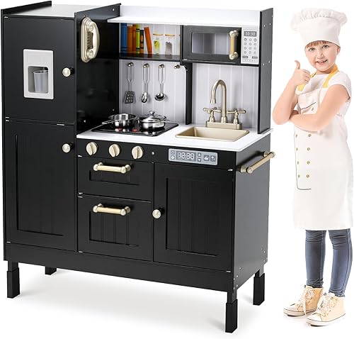 Cocina de juego de madera para niños, juego de juguetes de cocina vintage para niños pequeños con teléfono de simulación, máquina de hielo,