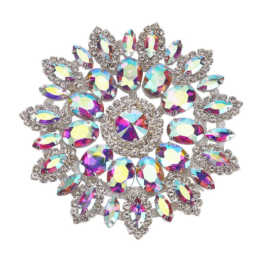 FINGERINSPIRE Clear AB Round Glass Rhinestone Applique with Metal Chain Back 11cm Floral Rhinestone Patch Flower Crystal Patch Platinum Rhinestone Appliques for Wedding Bridal Wedding Dress DIY