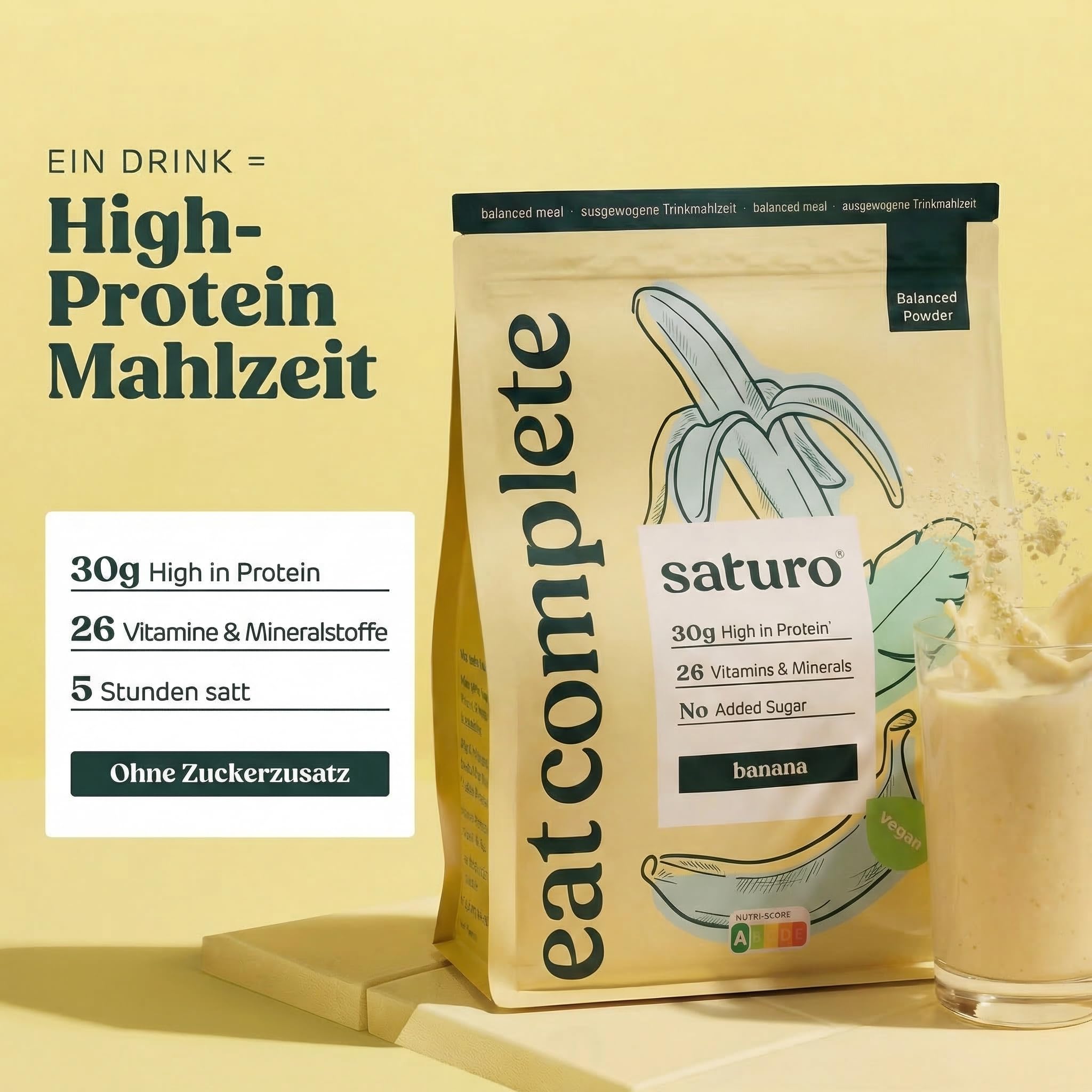 Saturo Trinkmahlzeit - Vegane Trinknahrung als Mahlzeitersatz - Banana | Blanced Powder mit reichlich Protein & 5600 kcal | Pulver mit wertvollen Nährstoffen | 14 Shakes, 1,4kg