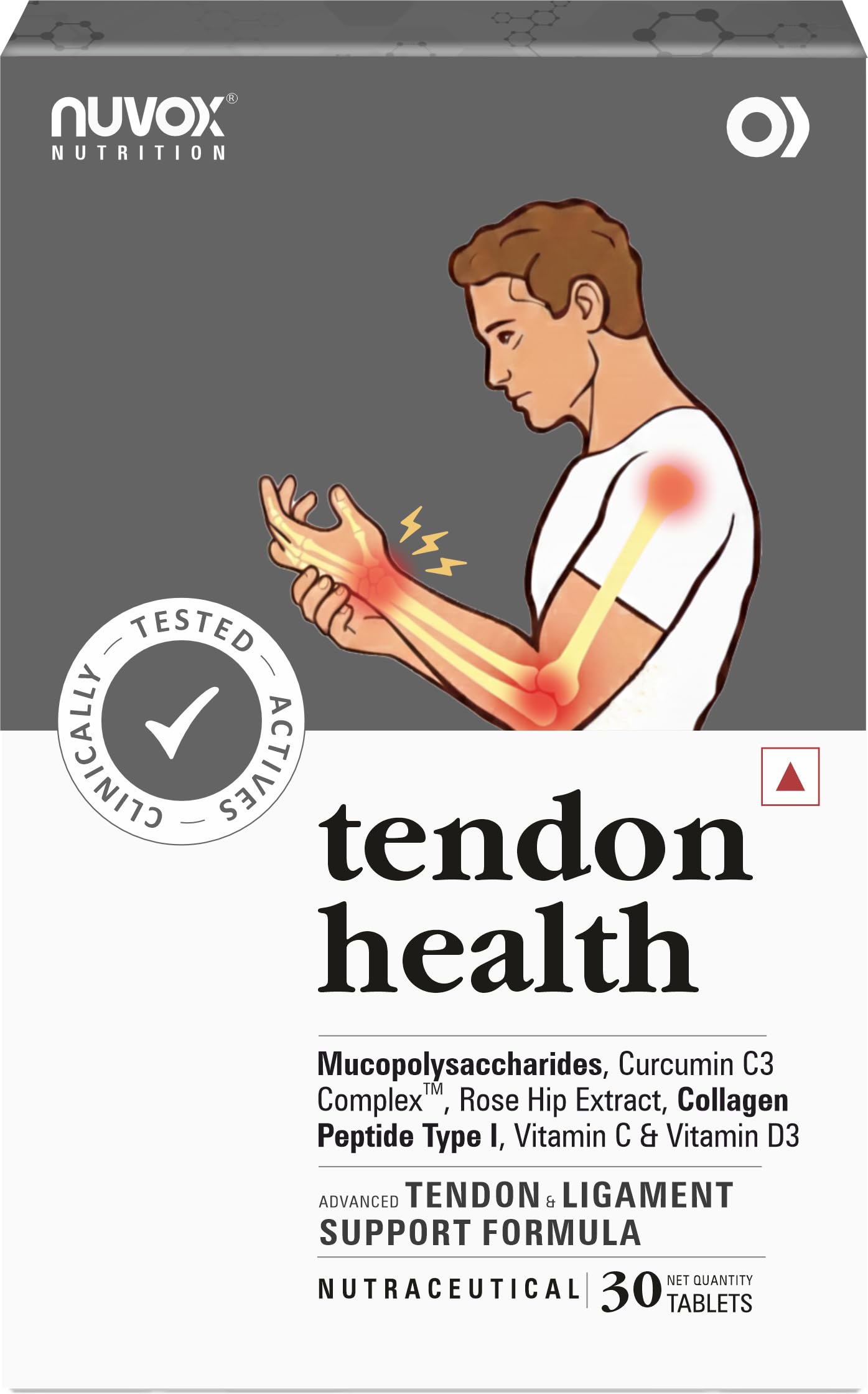 NUVOX Tendon Health, Joint Cartilage & Ligament Care, blend of Rosehip extract, Monosaccharides, Collagen, CurcuminC3 Complex & Vitamins (Pack of 1 count, 30 Tablets)-image-22