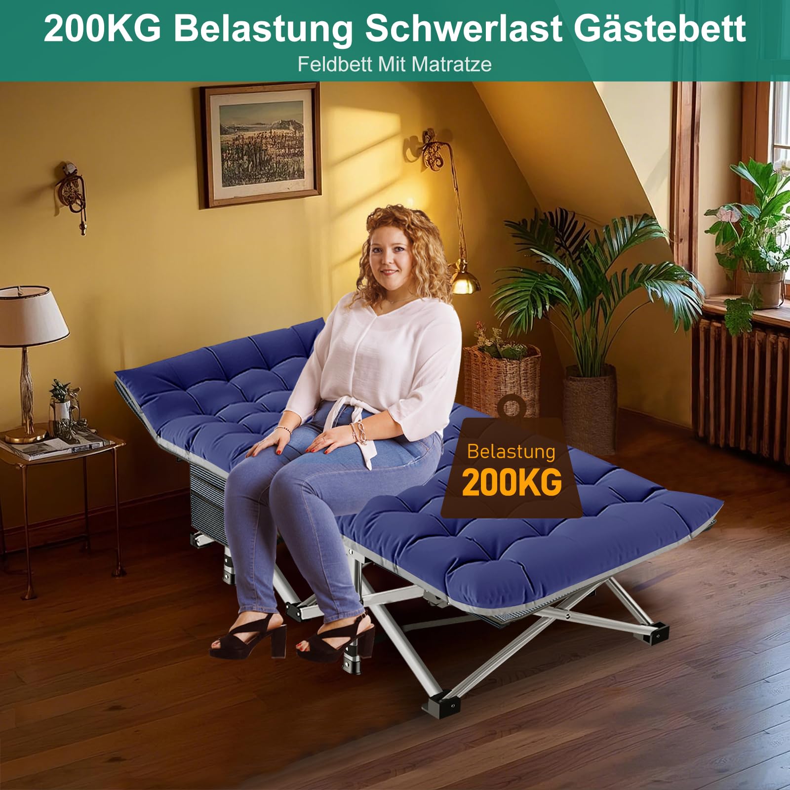 Klappbares Campingbett mit Matratze und Seitentaschen, 200KG Belastbarkeit Klappbett Gästebett, Stahlrahmen und Oxford Tuch Feldbett Klappbar, 190 x 71 x 36 cm, für Garten Büro Camping Pool