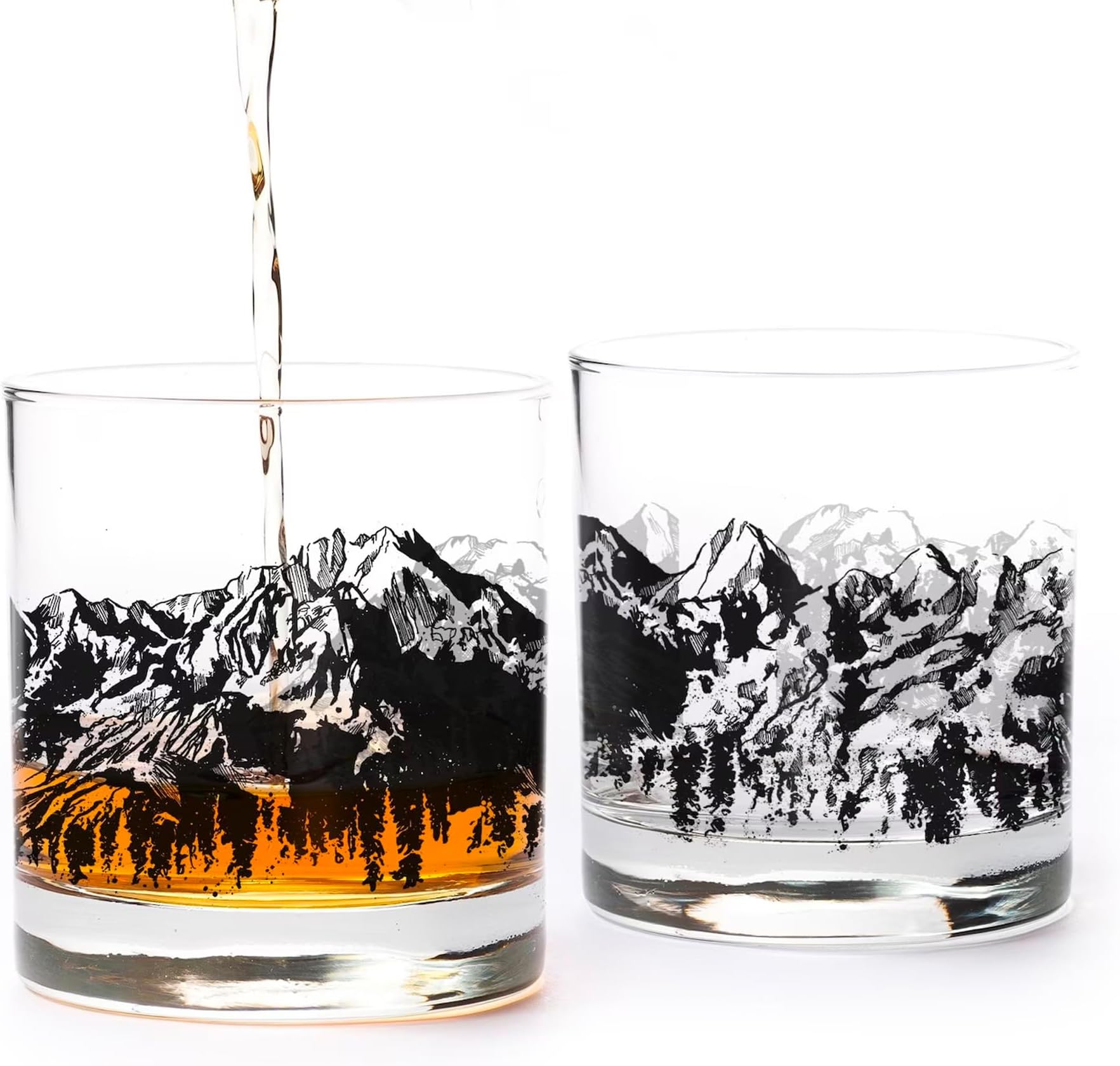 Black Lantern Nature Whiskey Glasses Set of 2 – 11oz Heavy Base Old Fashioned Rocks Glasses – Screen Printed Wildlife & Landscape Designs with Gift Box (Mountain Range)