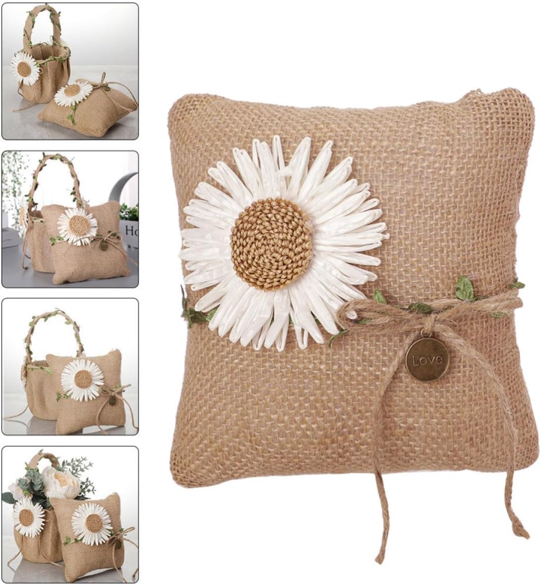 SHINEOFI Rustic Ring Pillow Burlap Daisy Cushion for Wedding Photoshoot