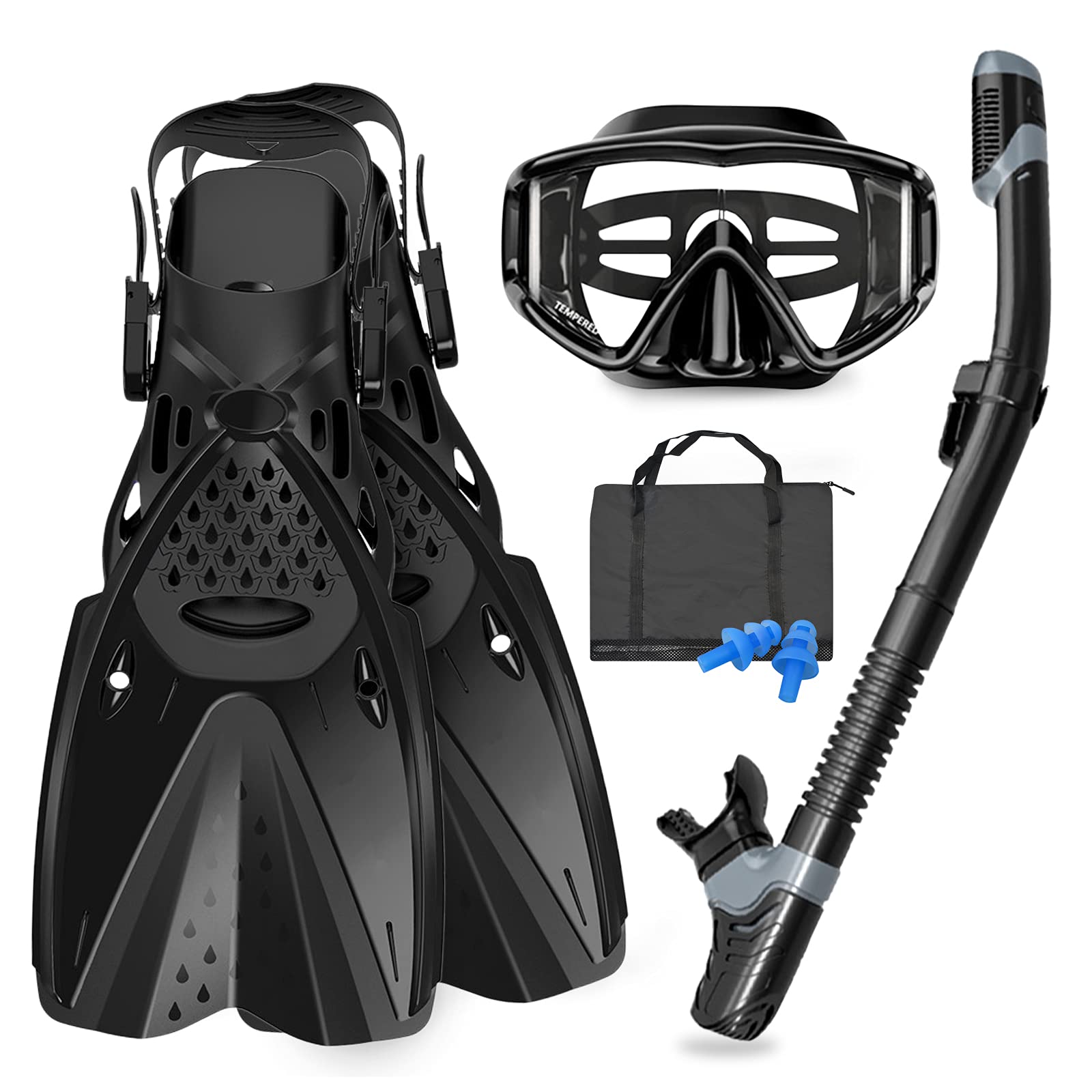 Mask Fins Snorkeling Gear for Adults Men Women, Swim Goggles 180° Panoramic View Diving Mask Anti-Fog Anti-Leak&Dry Top Snorkel and Dive Flippers with Gear Bag for Snorkeling Swimming
