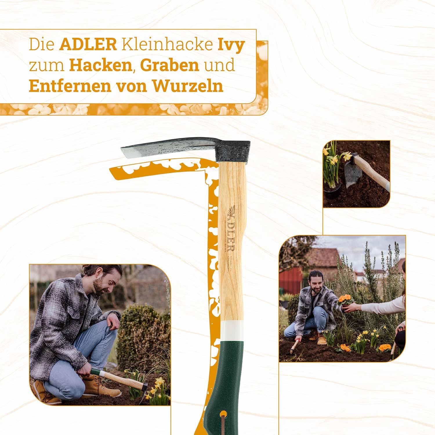 ADLER Zappa Ivy – Zappa da giardino forgiata – C45 acciaio manico in frassino – Made in Germany – Ideale per aiuole, diserbo e allentamento – Certificazione FSC® (naturale, L – 1 350 mm)