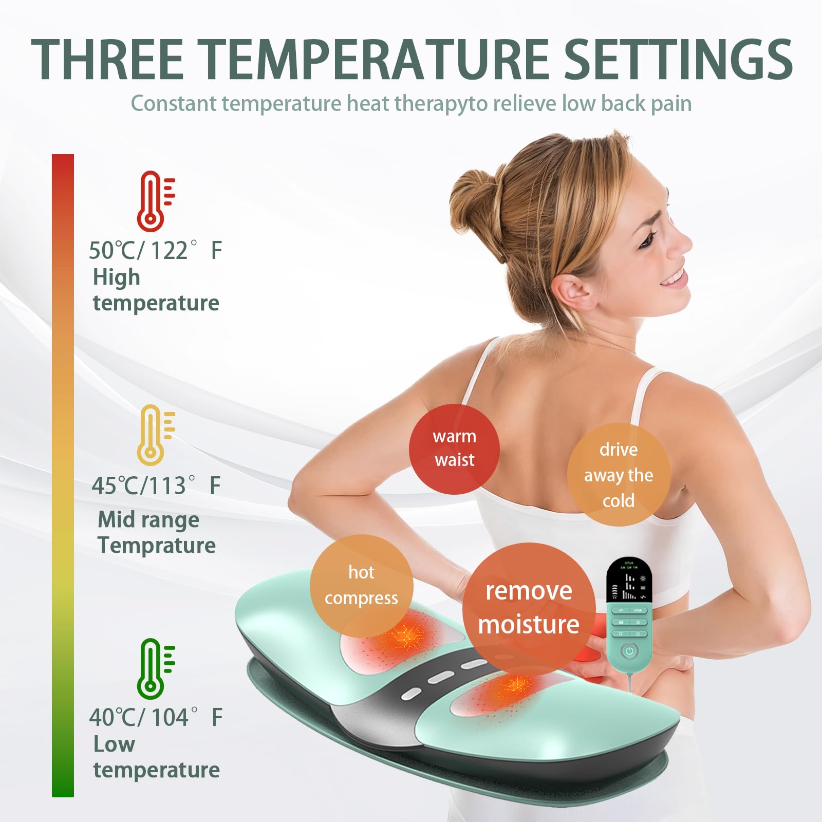 Masajeador Lumbar Eléctrico, 4 en 1 Masajeador de Espalda Inalámbrica con Tracción Airbag, Compresas Calientes, Masaje Vibratorio, Electroterapia EMS,Alivio del Dolor Lumbar